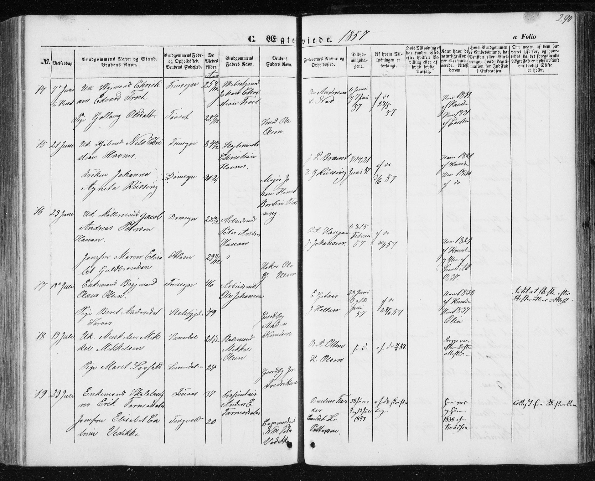 Ministerialprotokoller, klokkerbøker og fødselsregistre - Sør-Trøndelag, SAT/A-1456/602/L0112: Parish register (official) no. 602A10, 1848-1859, p. 290