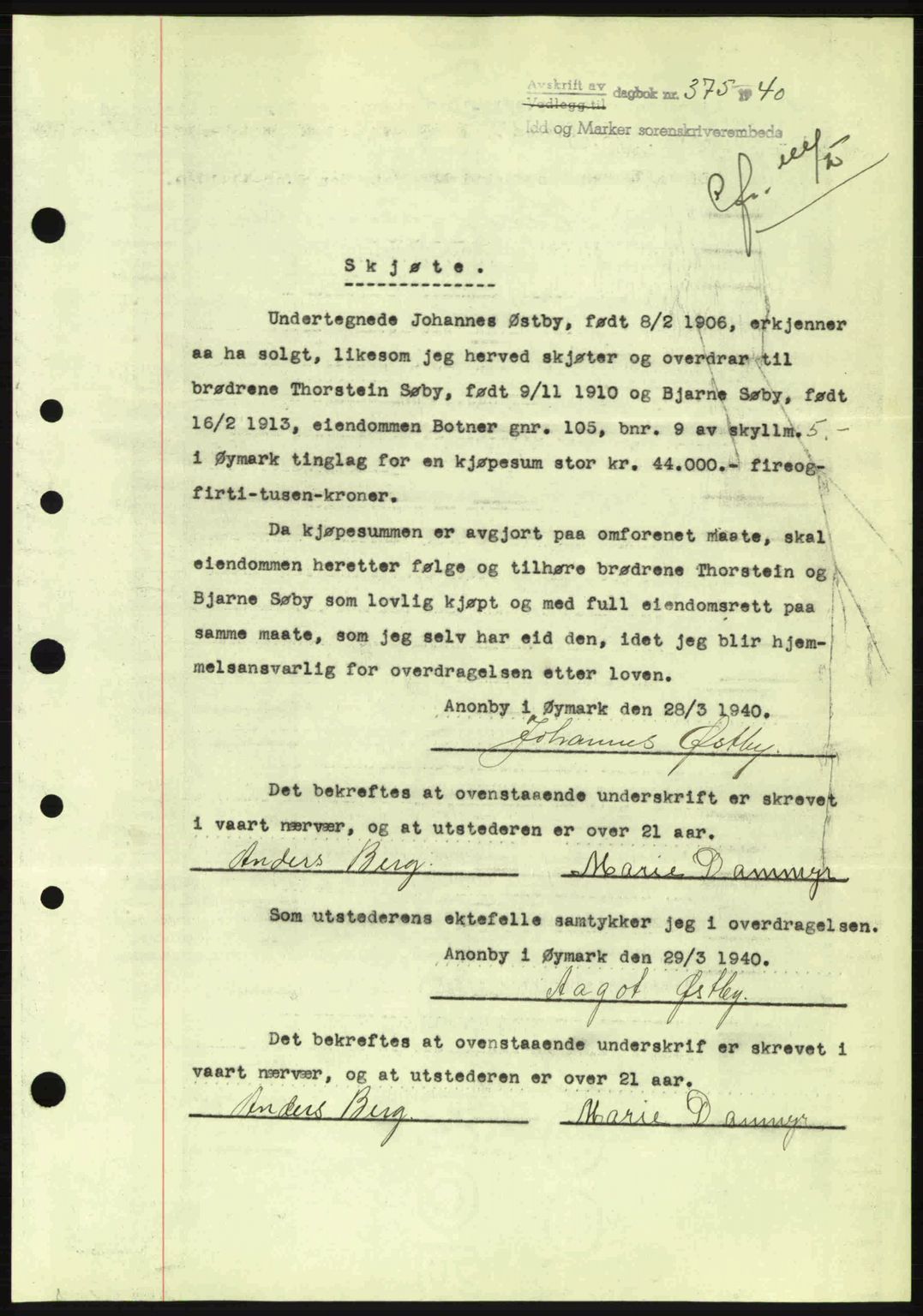 Idd og Marker sorenskriveri, AV/SAO-A-10283/G/Gb/Gbb/L0004: Mortgage book no. A4, 1940-1941, Diary no: : 375/1940