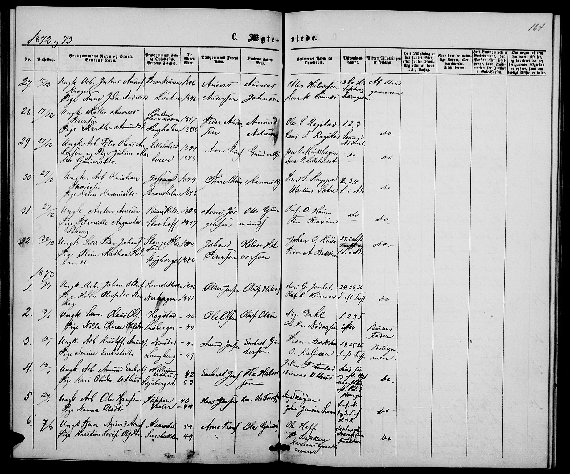 Elverum prestekontor, AV/SAH-PREST-044/H/Ha/Hab/L0004: Parish register (copy) no. 4, 1866-1874, p. 164