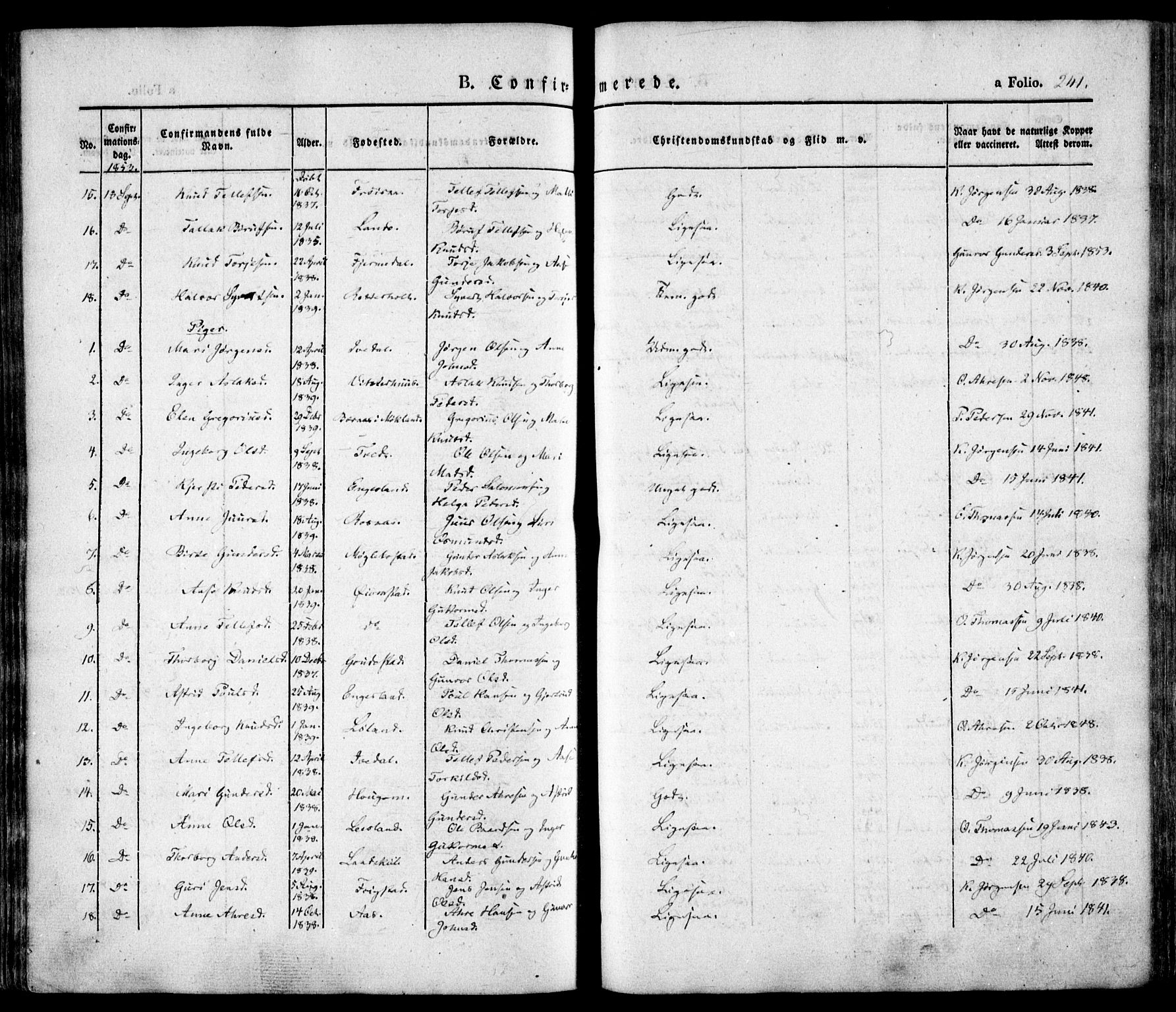 Evje sokneprestkontor, AV/SAK-1111-0008/F/Fa/Faa/L0005: Parish register (official) no. A 5, 1843-1865, p. 241