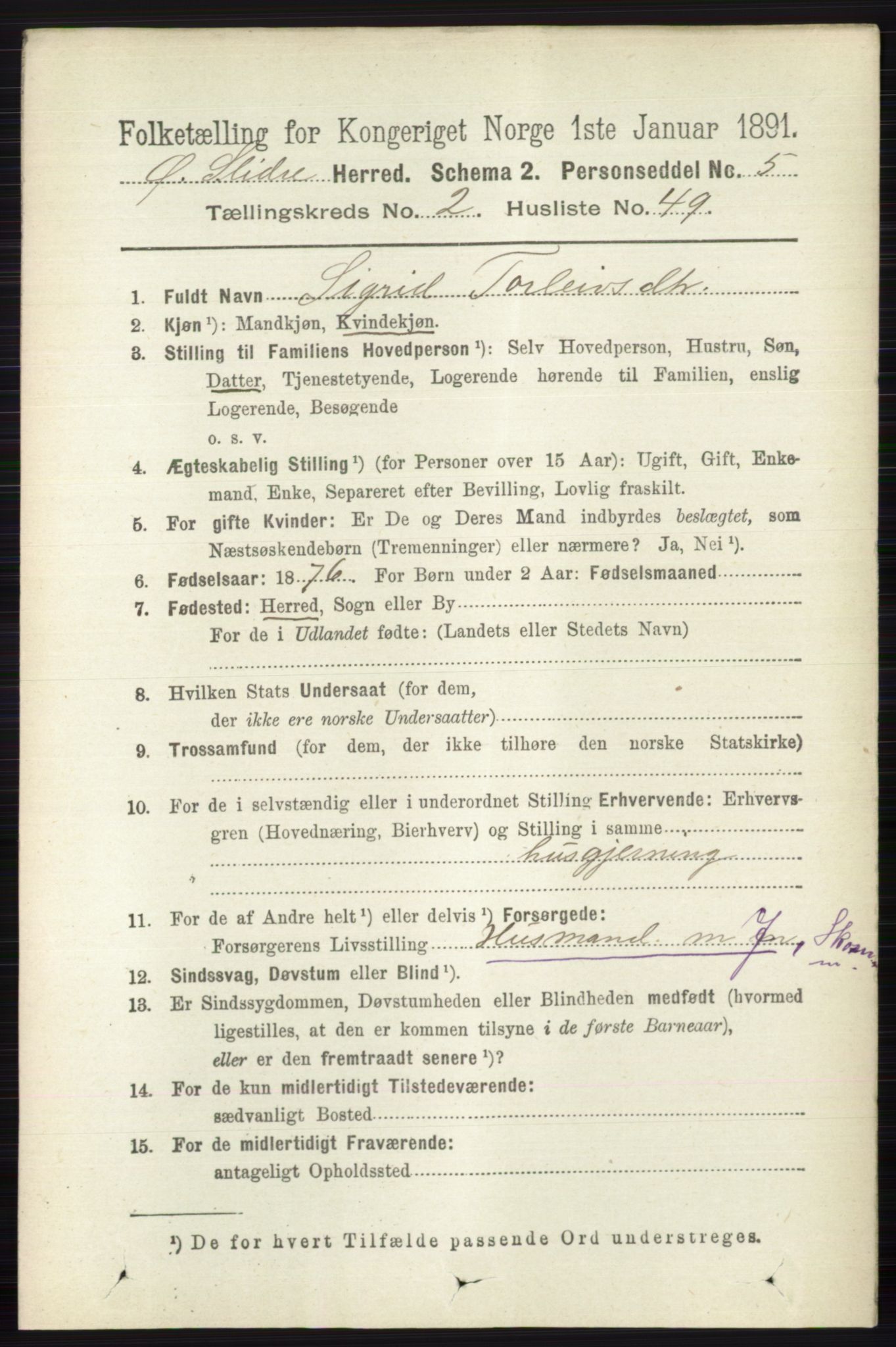 RA, 1891 census for 0544 Øystre Slidre, 1891, p. 536