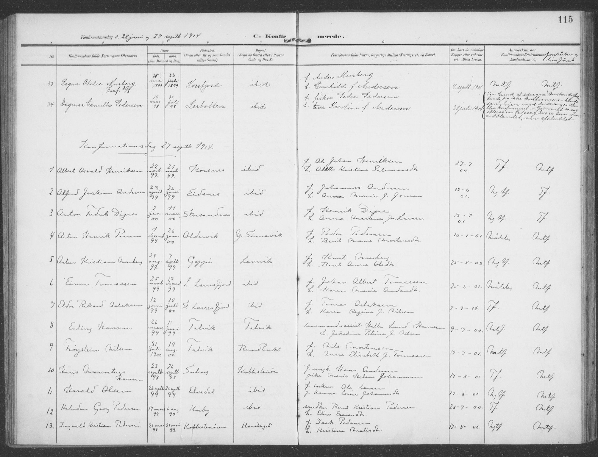 Talvik sokneprestkontor, SATØ/S-1337/H/Ha/L0017kirke: Parish register (official) no. 17, 1906-1915, p. 115