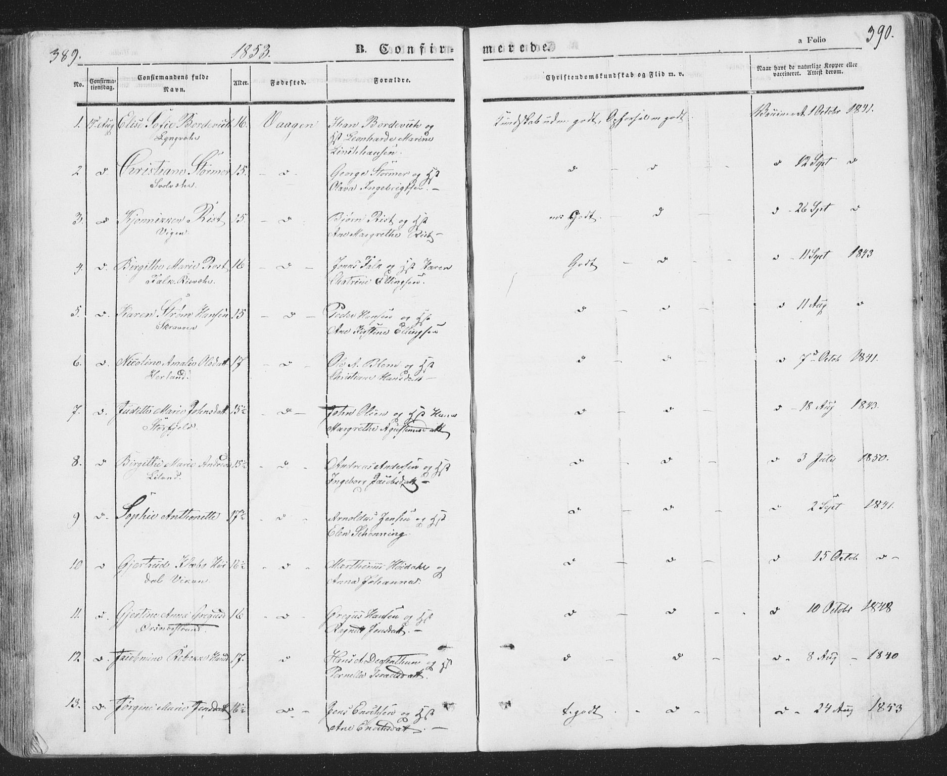 Ministerialprotokoller, klokkerbøker og fødselsregistre - Nordland, SAT/A-1459/874/L1072: Parish register (copy) no. 874C01, 1843-1859, p. 389-390