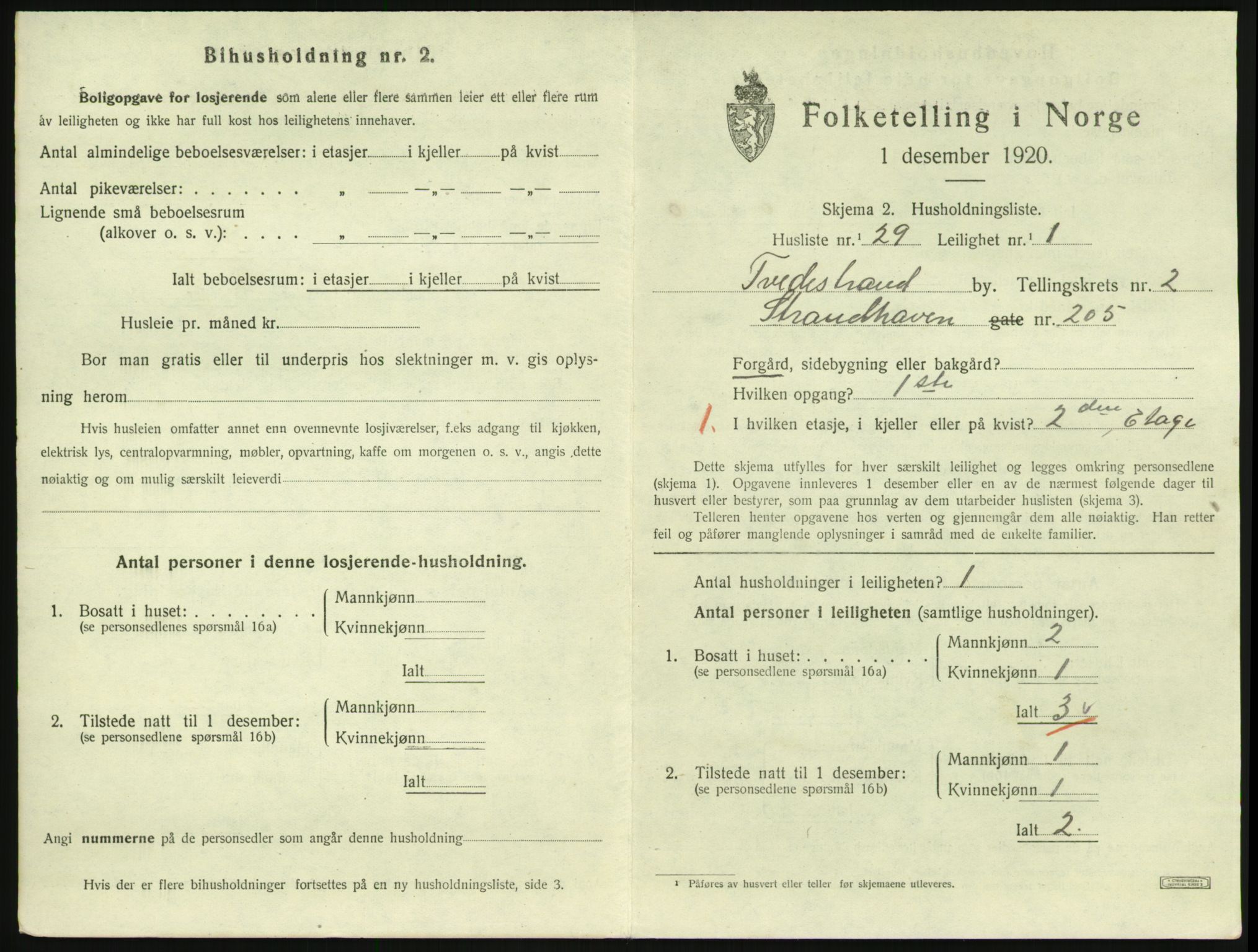 SAK, 1920 census for Tvedestrand, 1920, p. 1015