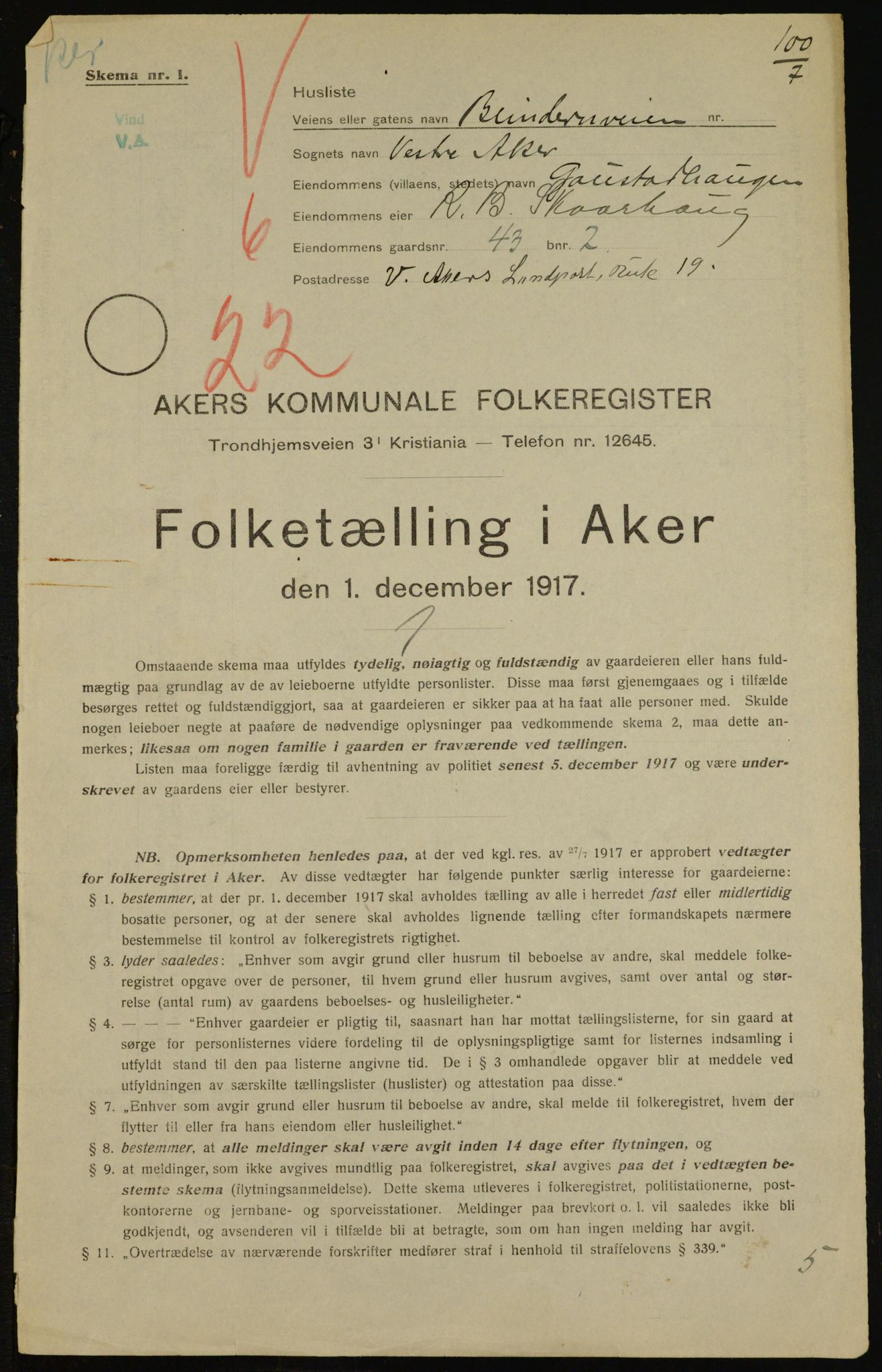 OBA, Municipal Census 1917 for Aker, 1917, p. 10396