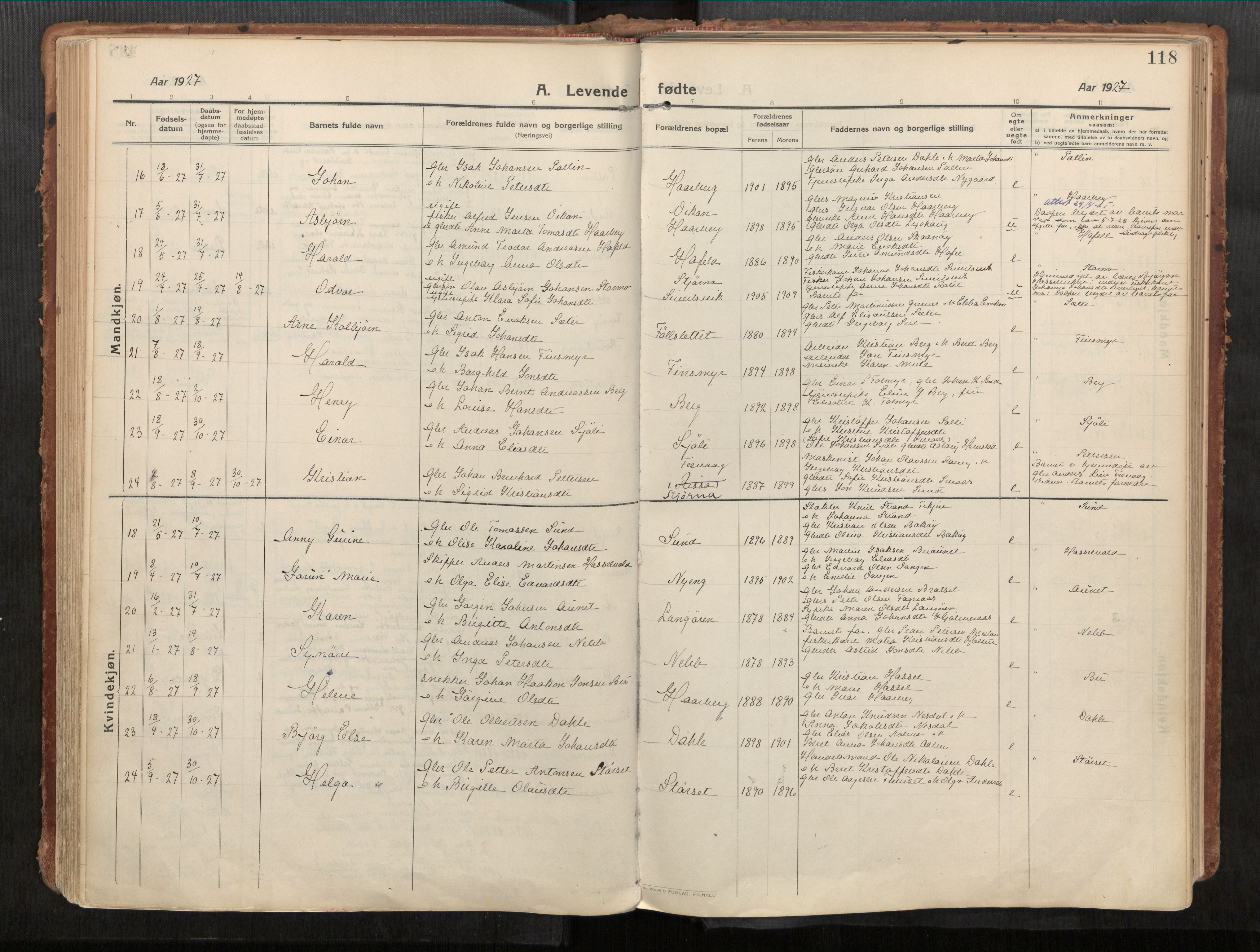 Stadsbygd sokneprestkontor, AV/SAT-A-1117/1/I/I1/I1a/L0001: Parish register (official) no. 1, 1911-1929, p. 118