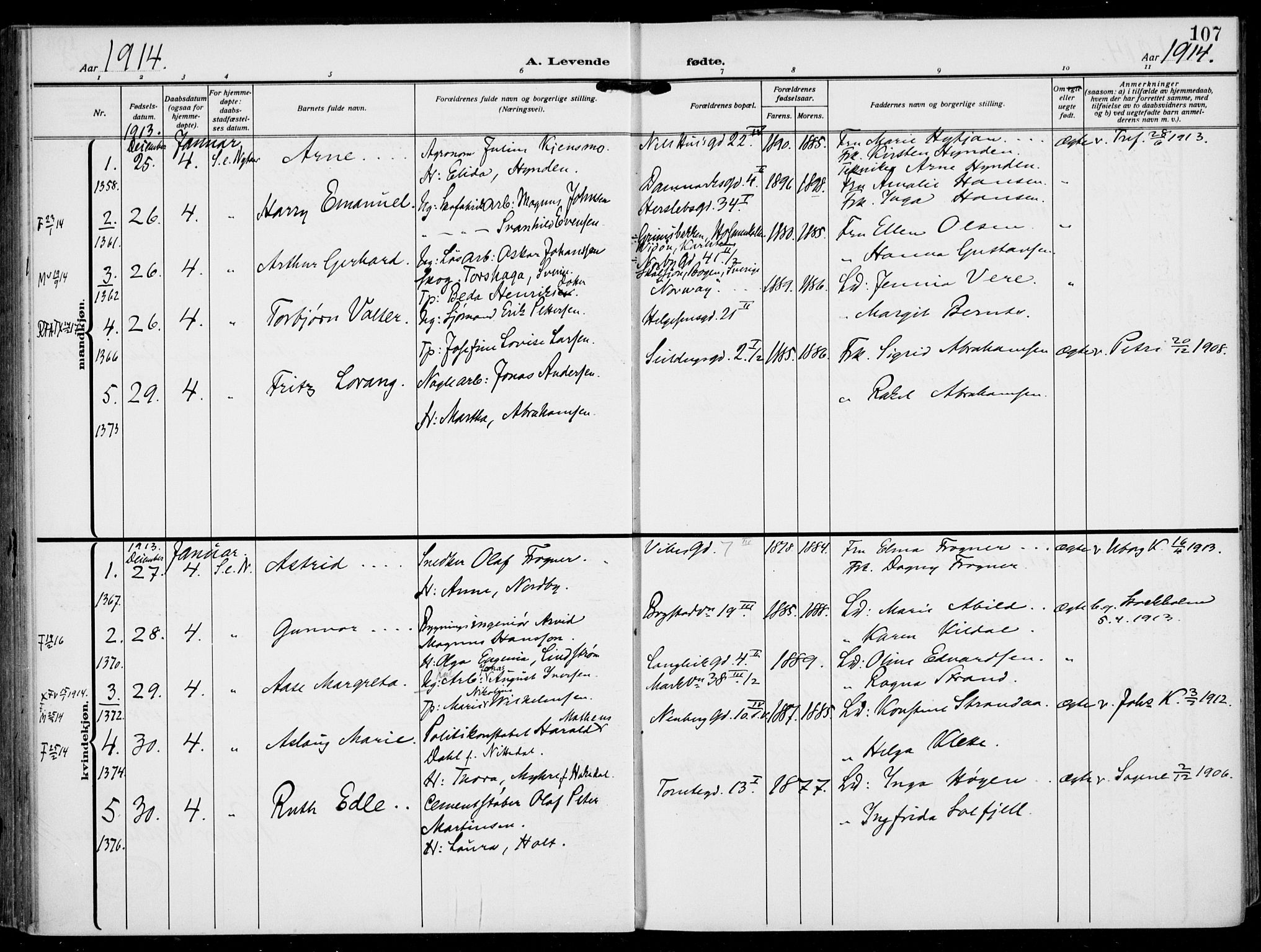 Rikshospitalet prestekontor Kirkebøker, SAO/A-10309b/F/L0015: Parish register (official) no. 15, 1913-1915, p. 107