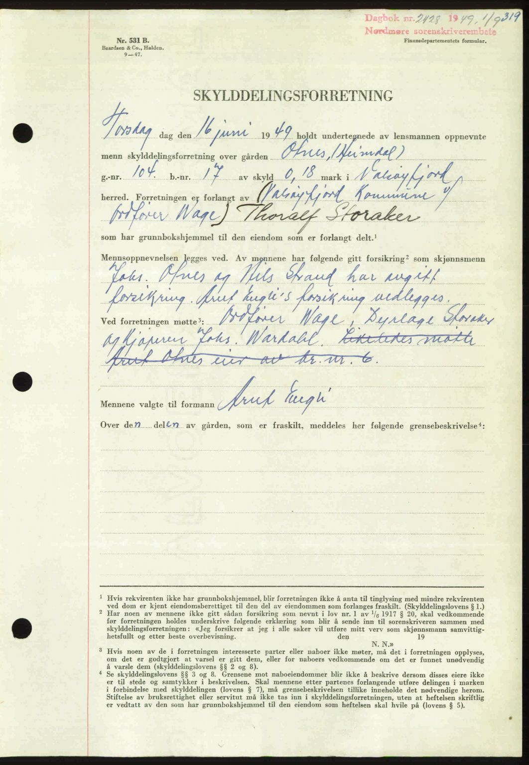 Nordmøre sorenskriveri, AV/SAT-A-4132/1/2/2Ca: Mortgage book no. A112, 1949-1949, Diary no: : 2428/1949