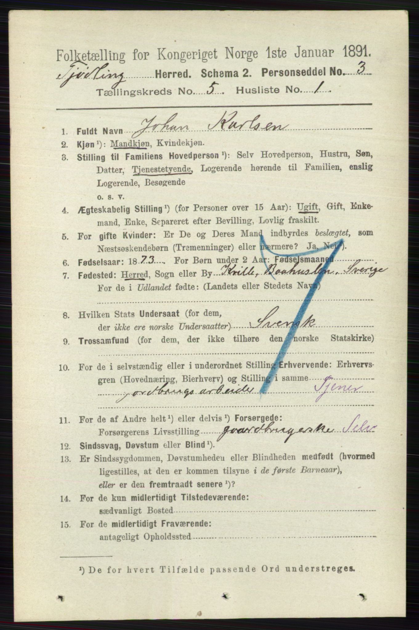 RA, 1891 census for 0725 Tjølling, 1891, p. 1974