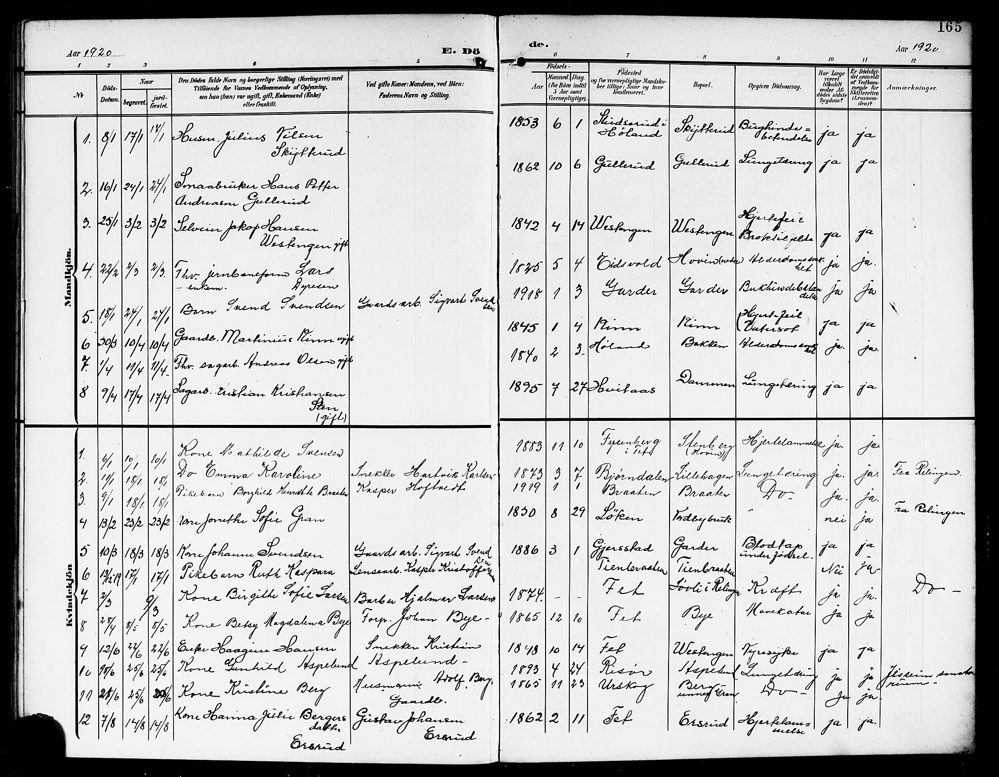 Fet prestekontor Kirkebøker, SAO/A-10370a/G/Ga/L0008: Parish register (copy) no. I 8, 1907-1920, p. 165