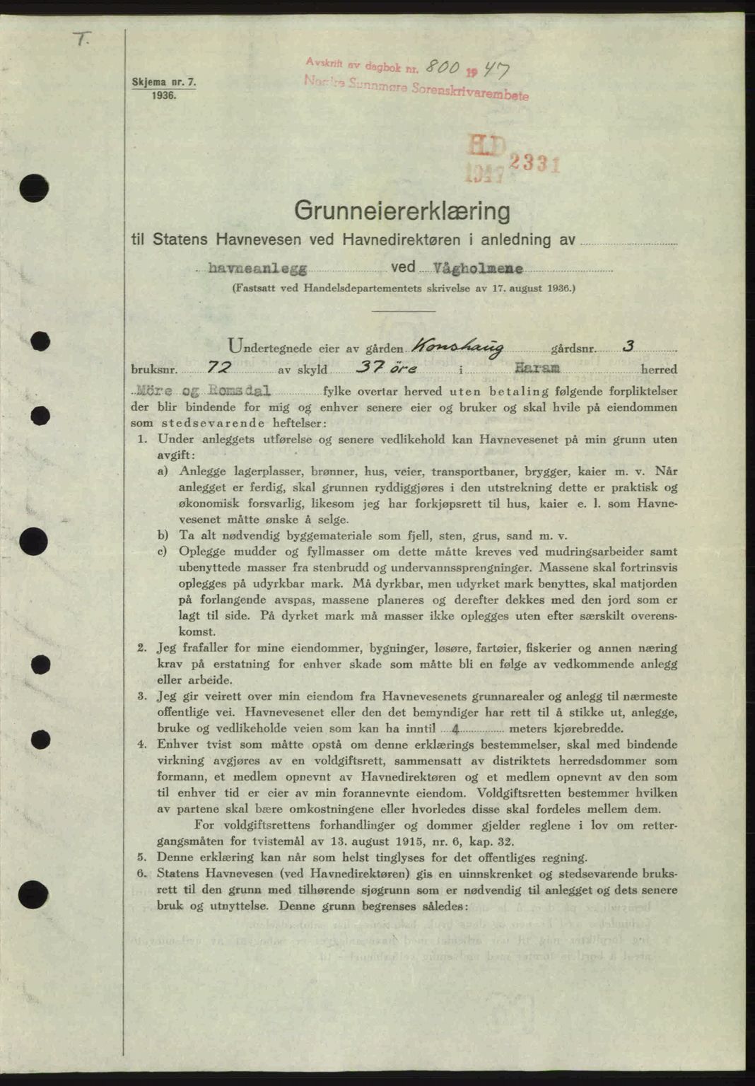 Nordre Sunnmøre sorenskriveri, AV/SAT-A-0006/1/2/2C/2Ca: Mortgage book no. A24, 1947-1947, Diary no: : 800/1947