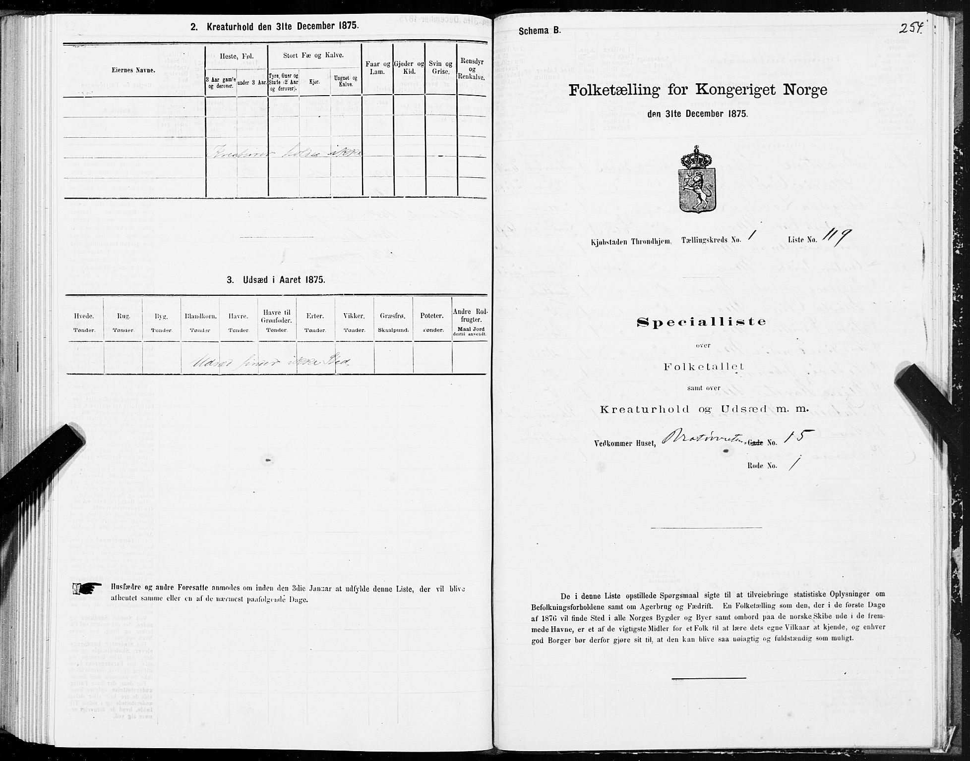 SAT, 1875 census for 1601 Trondheim, 1875, p. 1254