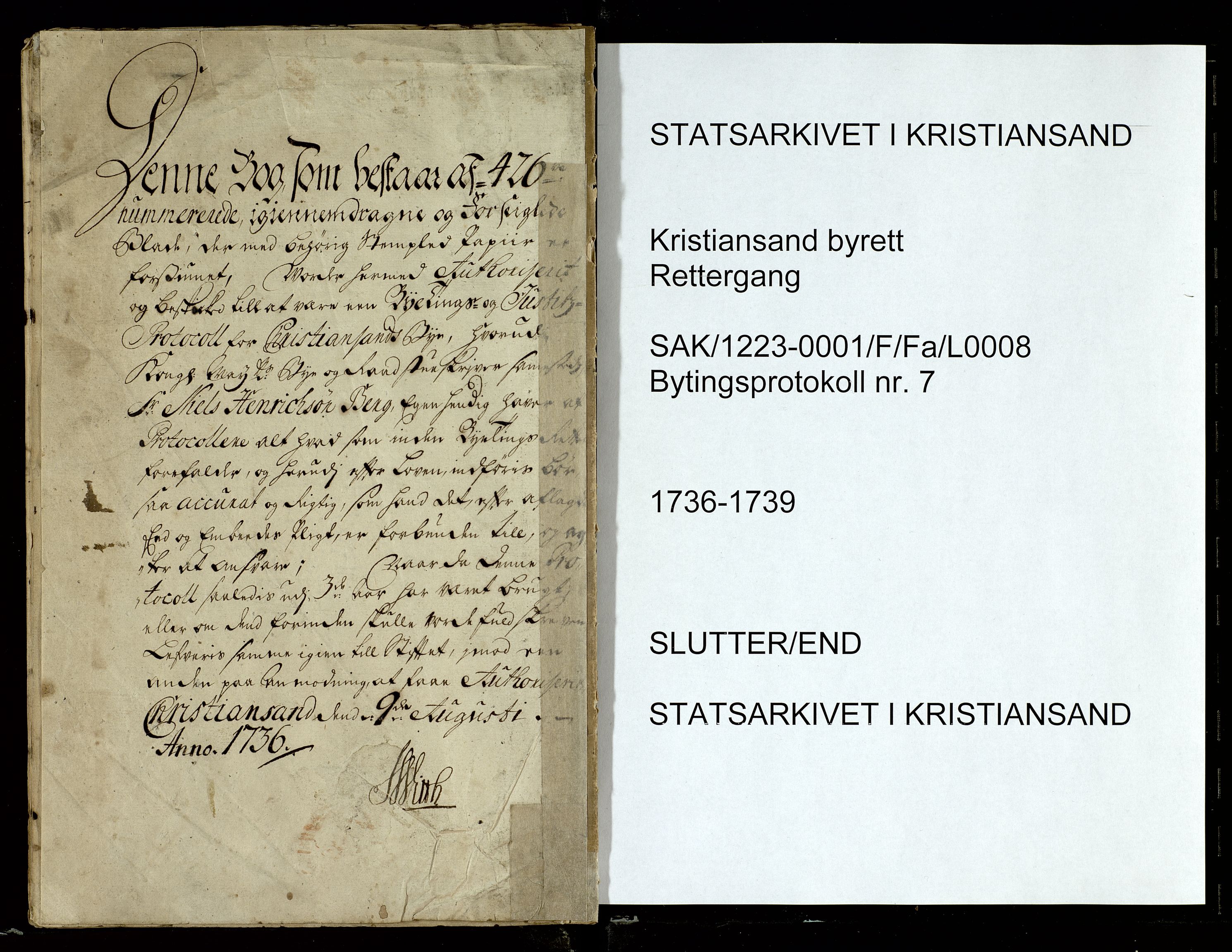 Kristiansand byrett, AV/SAK-1223-0001/F/Fa/L0008: Bytingsprotokoll nr. 7.  DEFEKT - IKKE TIL UTLÅN, 1736-1739, p. 427