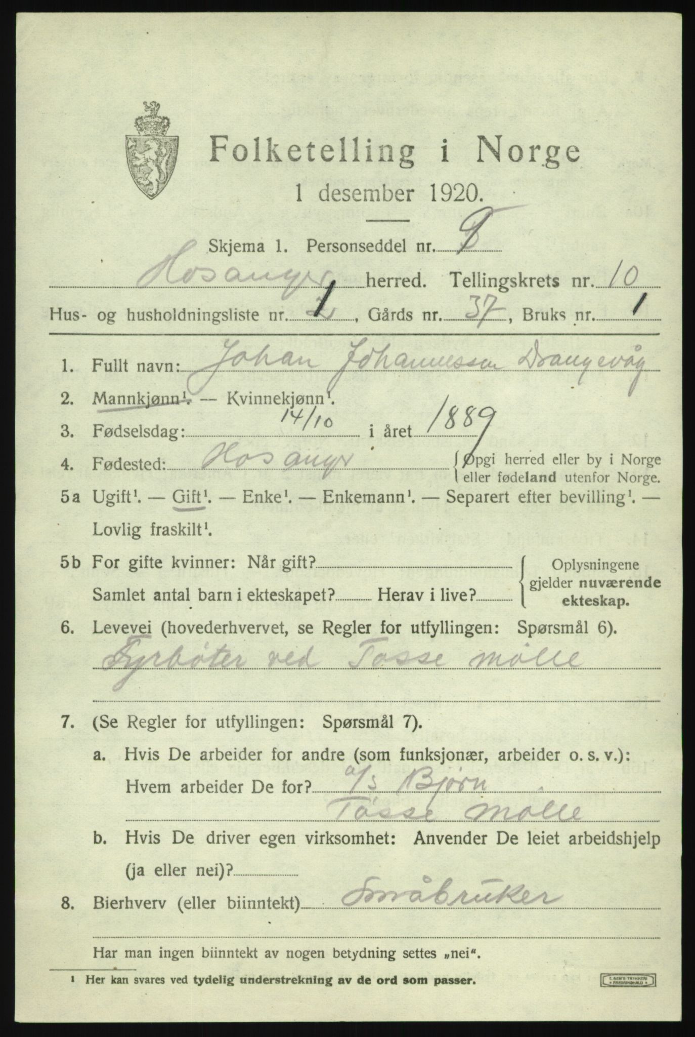 SAB, 1920 census for Hosanger, 1920, p. 4207