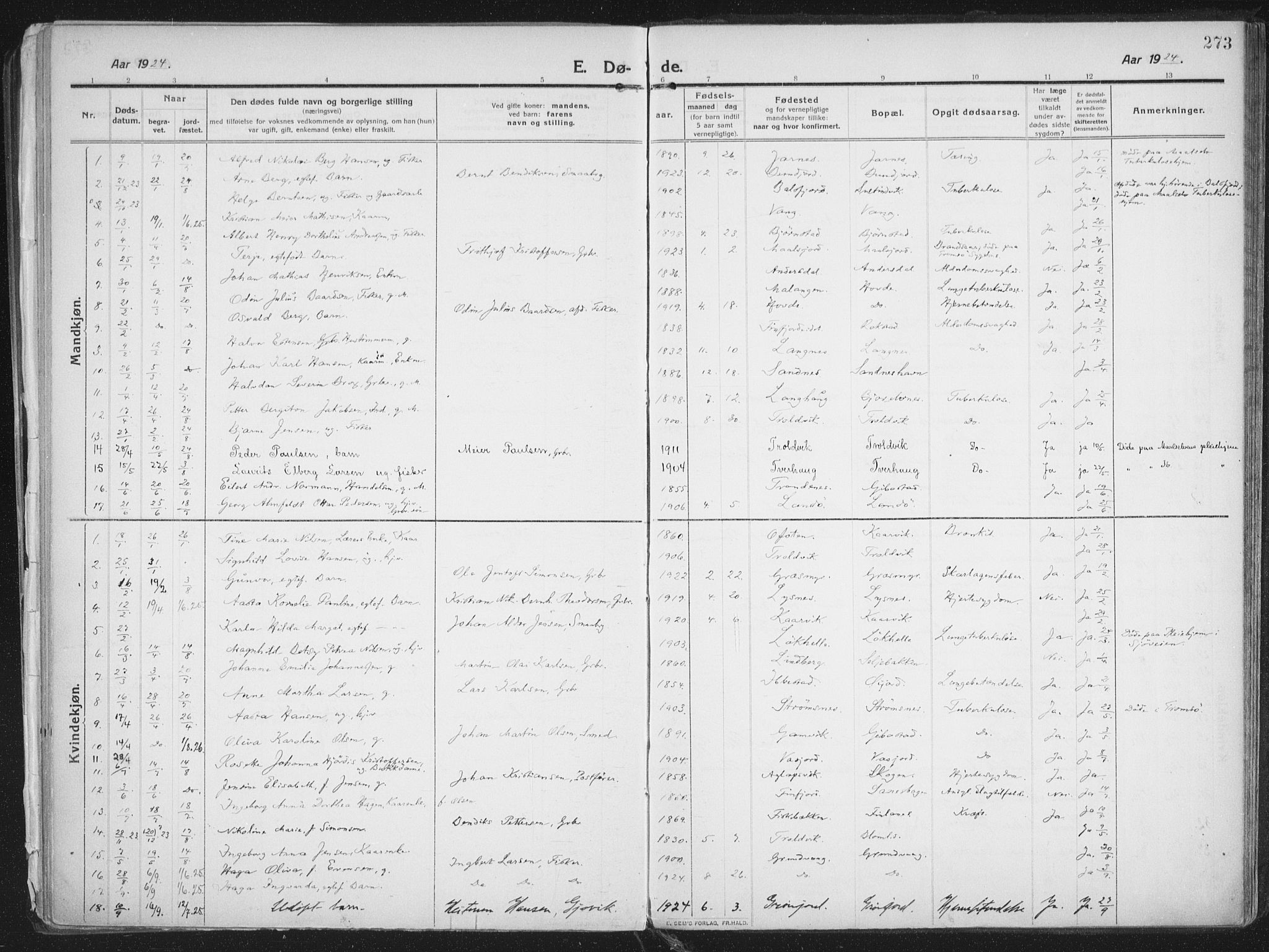 Lenvik sokneprestembete, SATØ/S-1310/H/Ha/Haa/L0016kirke: Parish register (official) no. 16, 1910-1924, p. 273