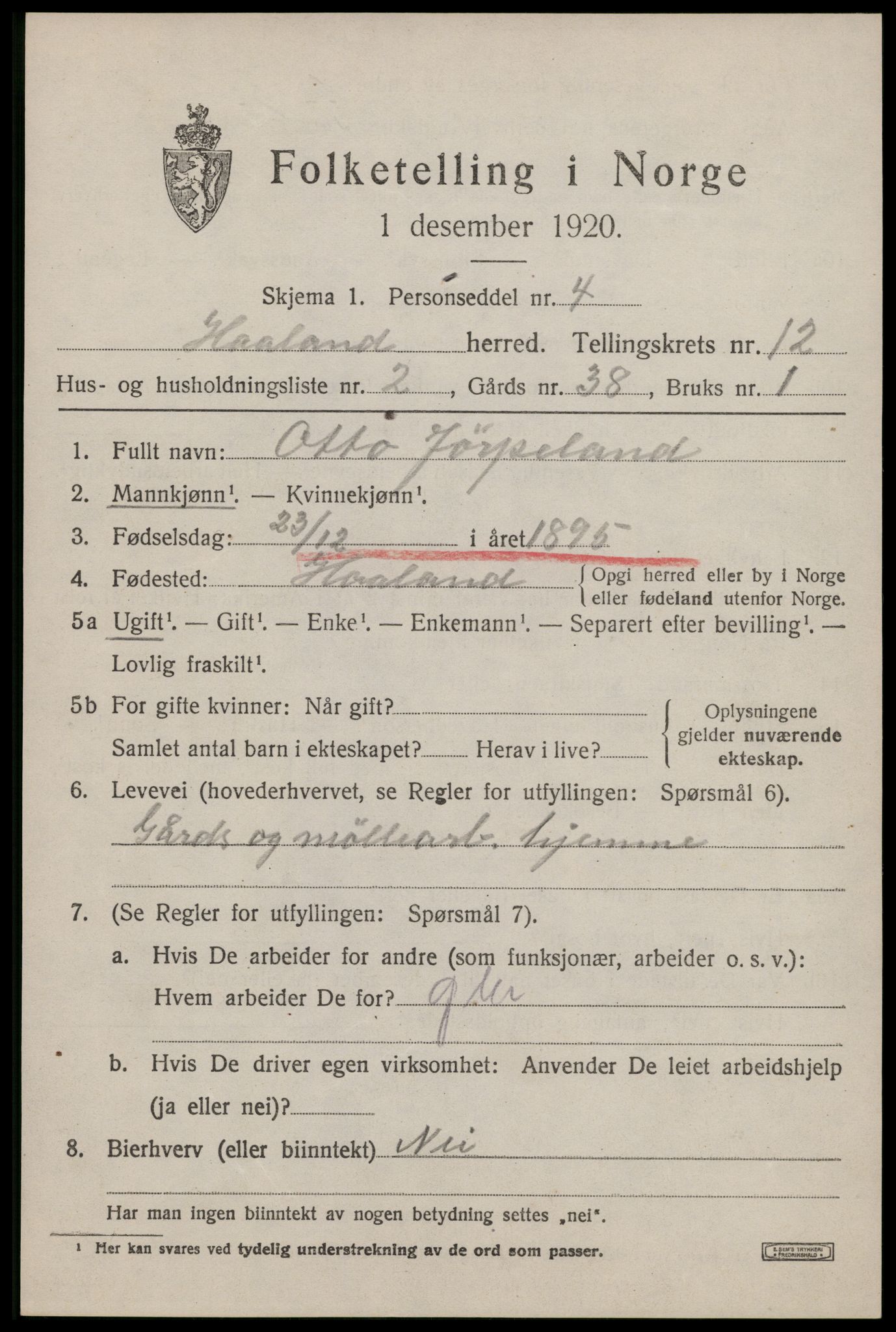 SAST, 1920 census for Håland, 1920, p. 8781