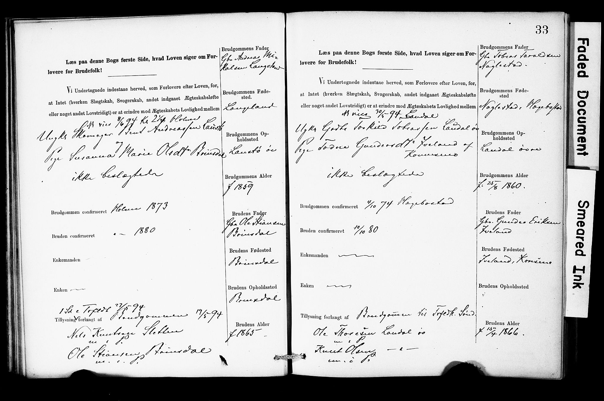Holum sokneprestkontor, SAK/1111-0022/F/Fe/L0004: Banns register no. II 5 4, 1890-1914, p. 33