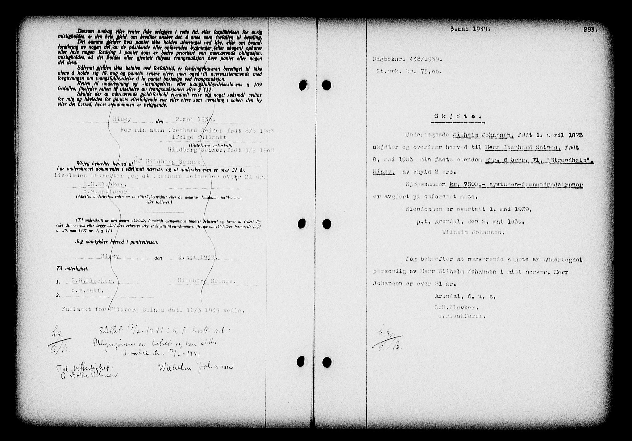 Nedenes sorenskriveri, SAK/1221-0006/G/Gb/Gba/L0046: Mortgage book no. 42, 1938-1939, Diary no: : 438/1939
