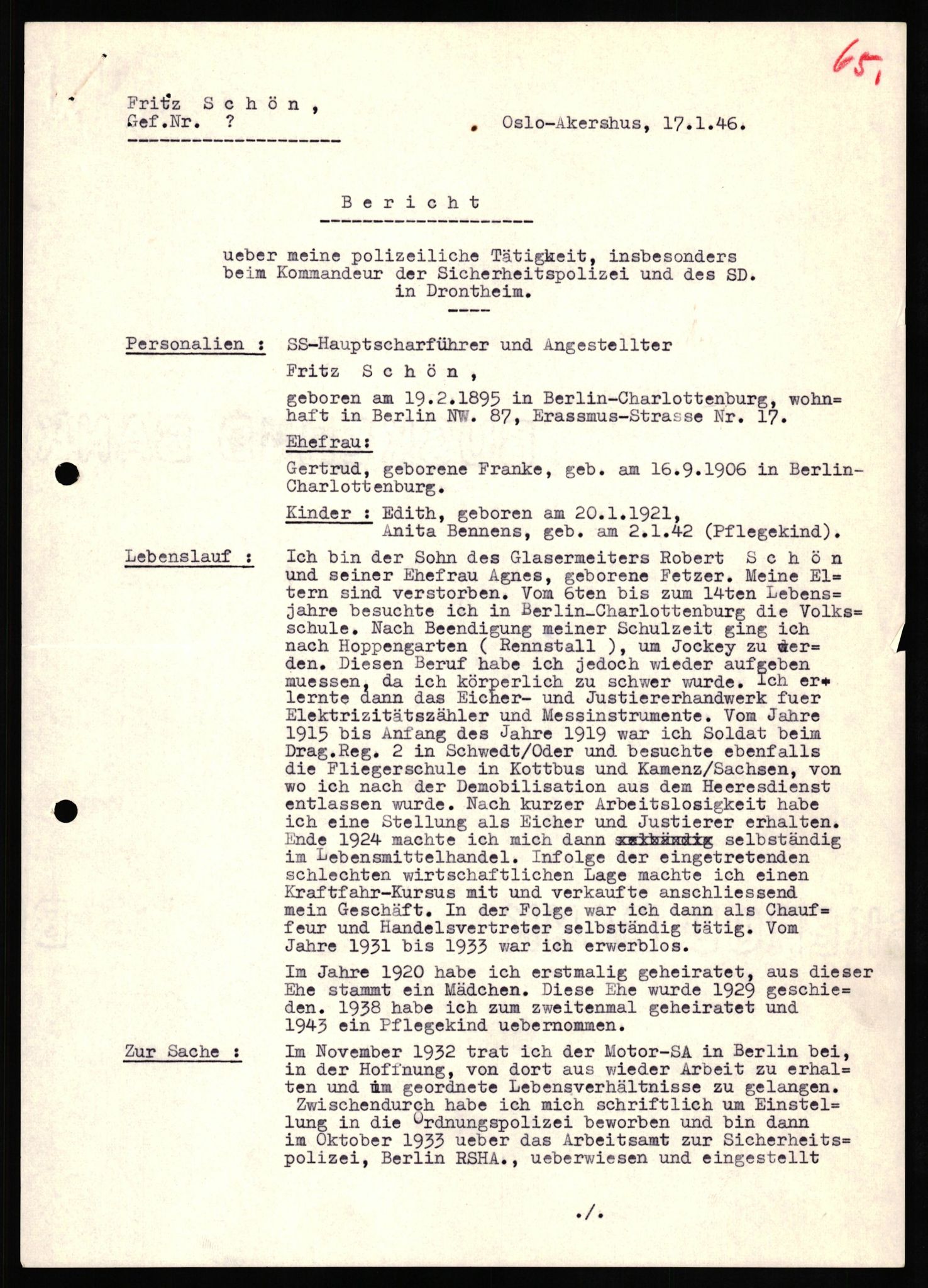 Forsvaret, Forsvarets overkommando II, RA/RAFA-3915/D/Db/L0031: CI Questionaires. Tyske okkupasjonsstyrker i Norge. Tyskere., 1945-1946, p. 365