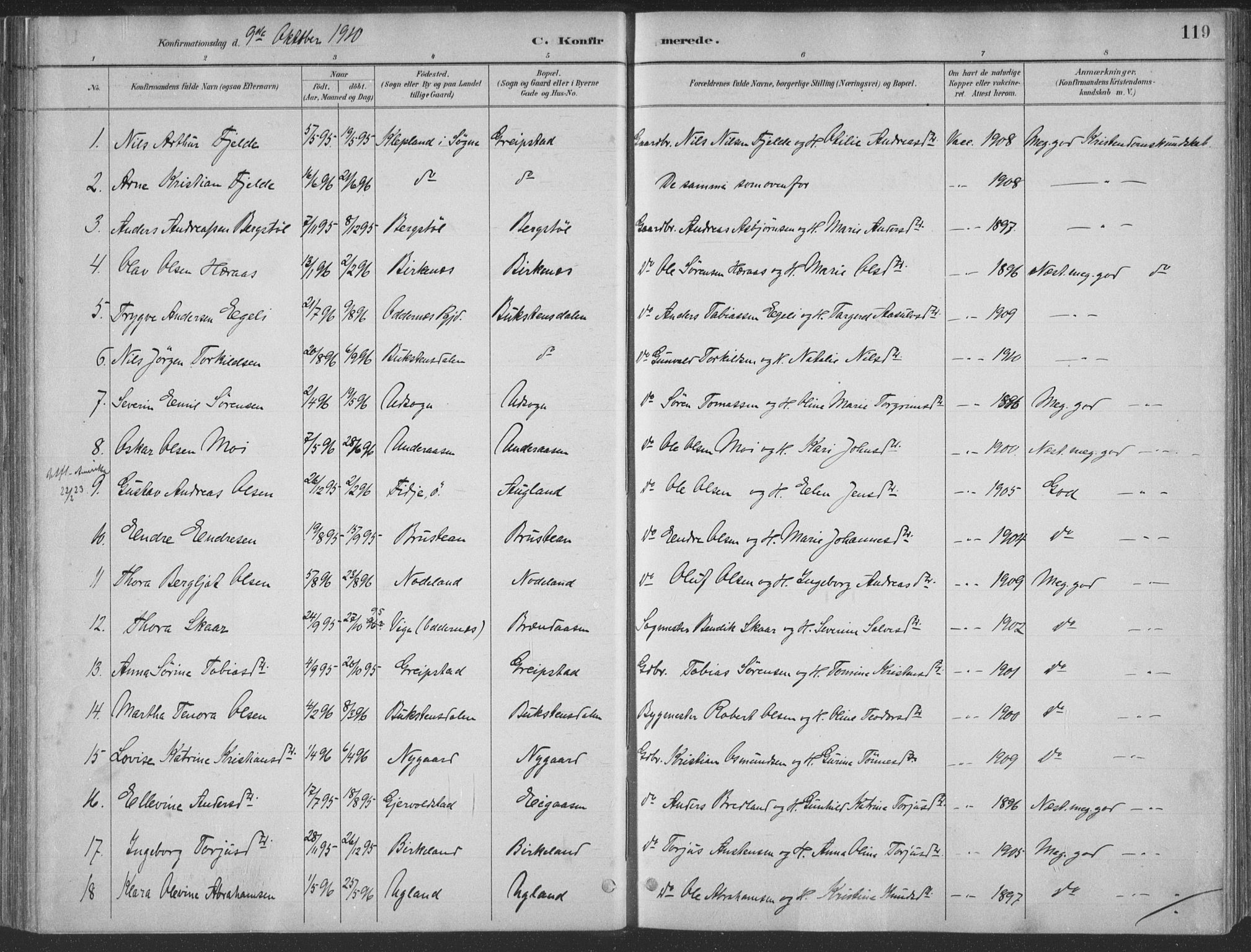 Søgne sokneprestkontor, SAK/1111-0037/F/Fa/Faa/L0003: Parish register (official) no. A 3, 1883-1910, p. 119