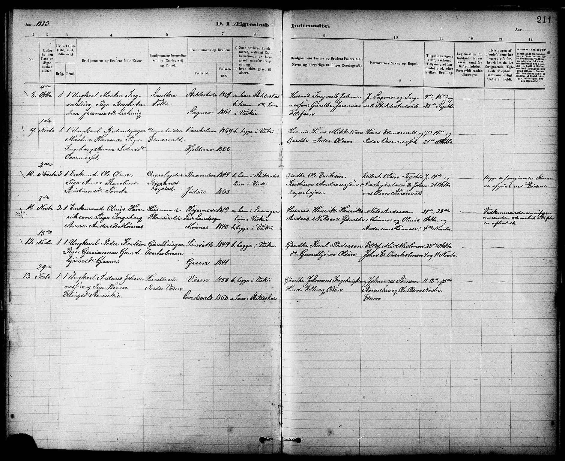 Ministerialprotokoller, klokkerbøker og fødselsregistre - Nord-Trøndelag, SAT/A-1458/724/L0267: Parish register (copy) no. 724C03, 1879-1898, p. 211