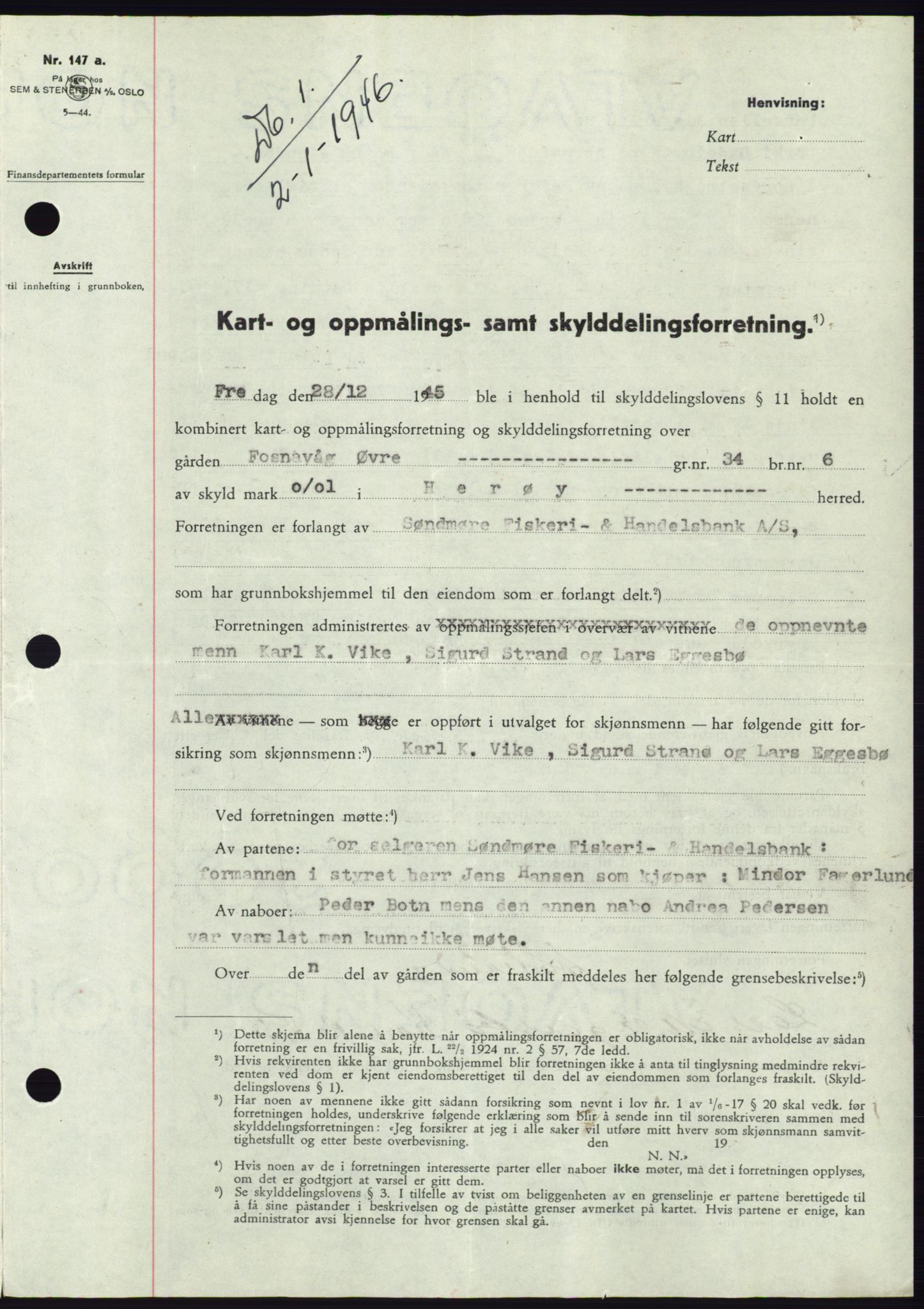 Søre Sunnmøre sorenskriveri, AV/SAT-A-4122/1/2/2C/L0077: Mortgage book no. 3A, 1945-1946, Diary no: : 1/1946