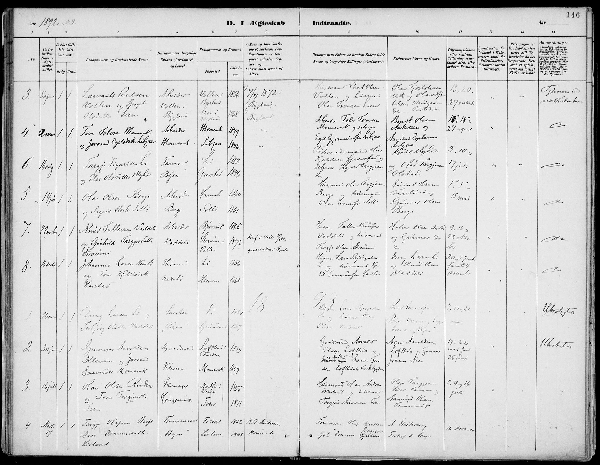 Fyresdal kirkebøker, SAKO/A-263/F/Fa/L0007: Parish register (official) no. I 7, 1887-1914, p. 146