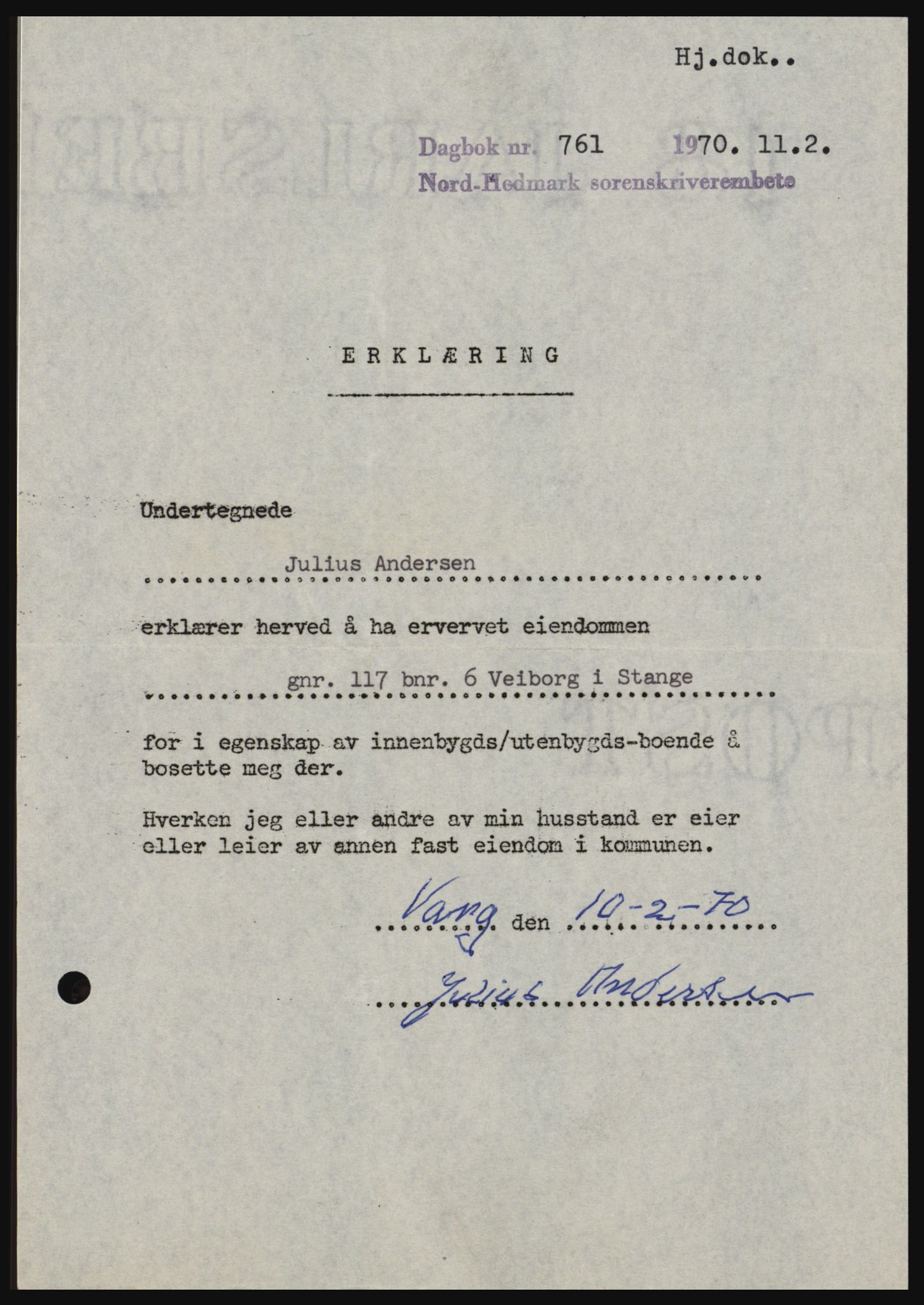Nord-Hedmark sorenskriveri, SAH/TING-012/H/Hc/L0033: Mortgage book no. 33, 1970-1970, Diary no: : 761/1970