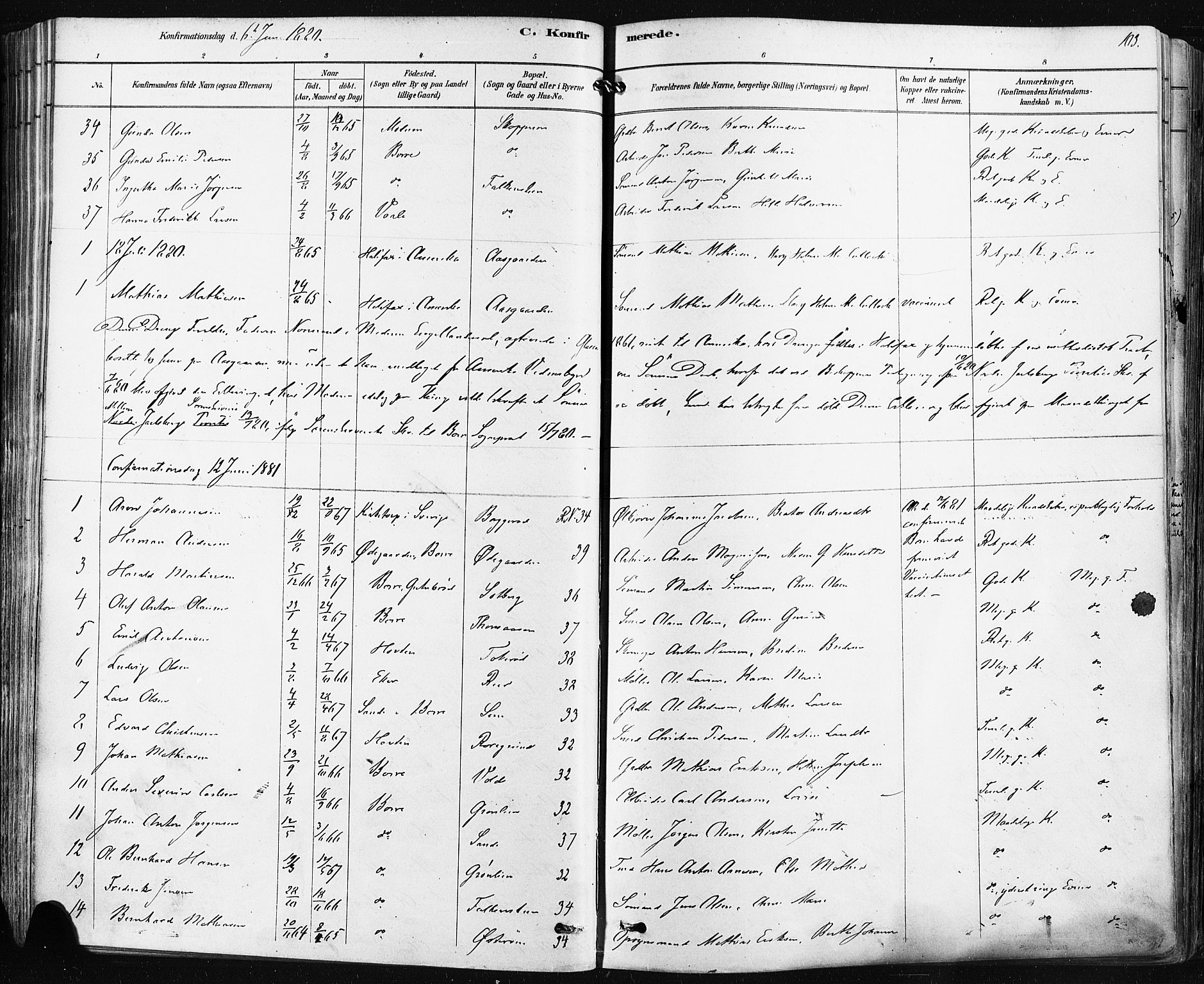 Borre kirkebøker, SAKO/A-338/F/Fa/L0009: Parish register (official) no. I 9, 1878-1896, p. 103