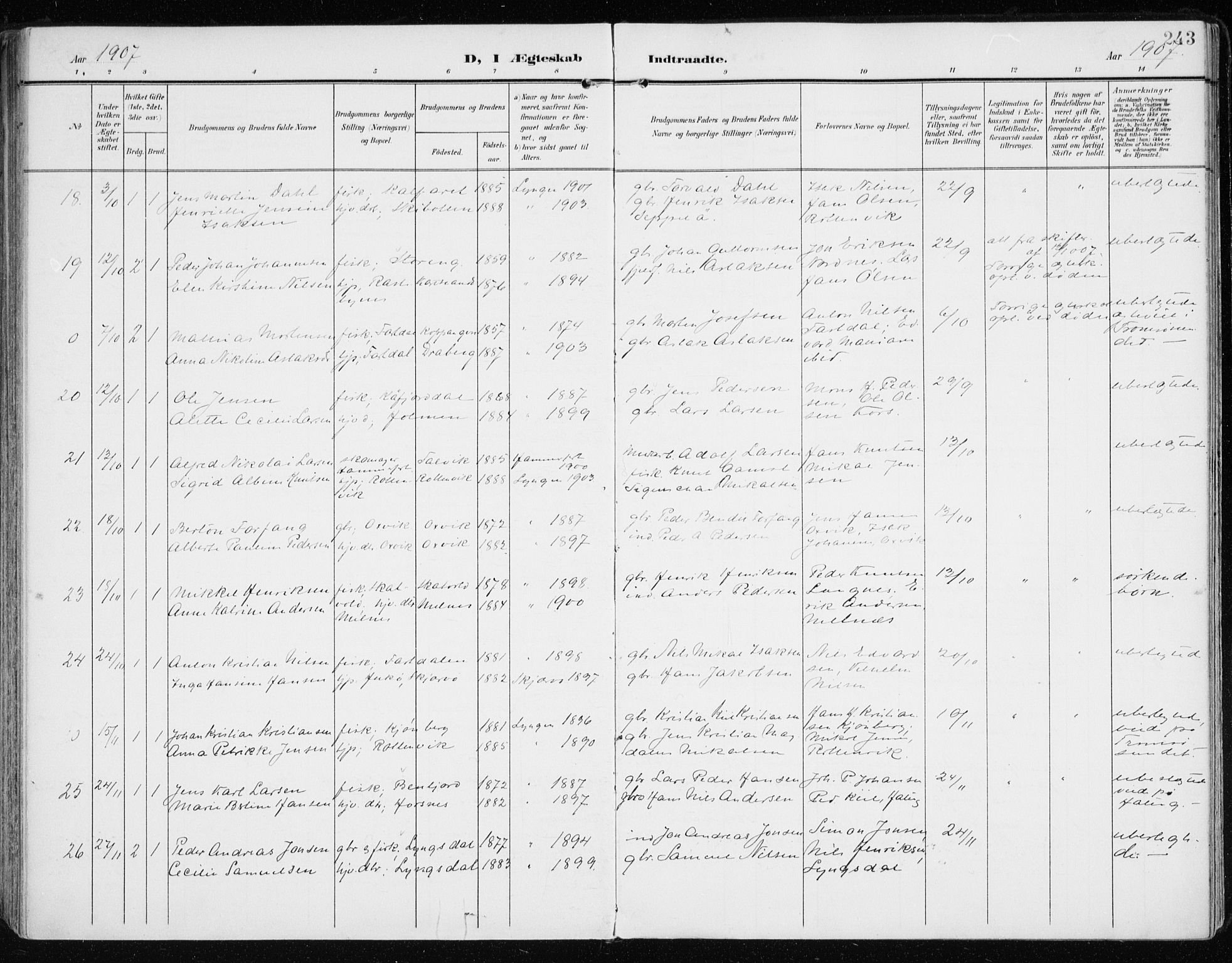 Lyngen sokneprestembete, SATØ/S-1289/H/He/Hea/L0011kirke: Parish register (official) no. 11, 1903-1913, p. 243