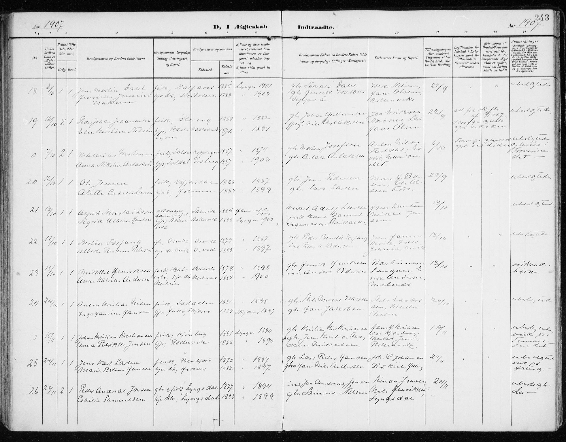 Lyngen sokneprestembete, AV/SATØ-S-1289/H/He/Hea/L0011kirke: Parish register (official) no. 11, 1903-1913, p. 243