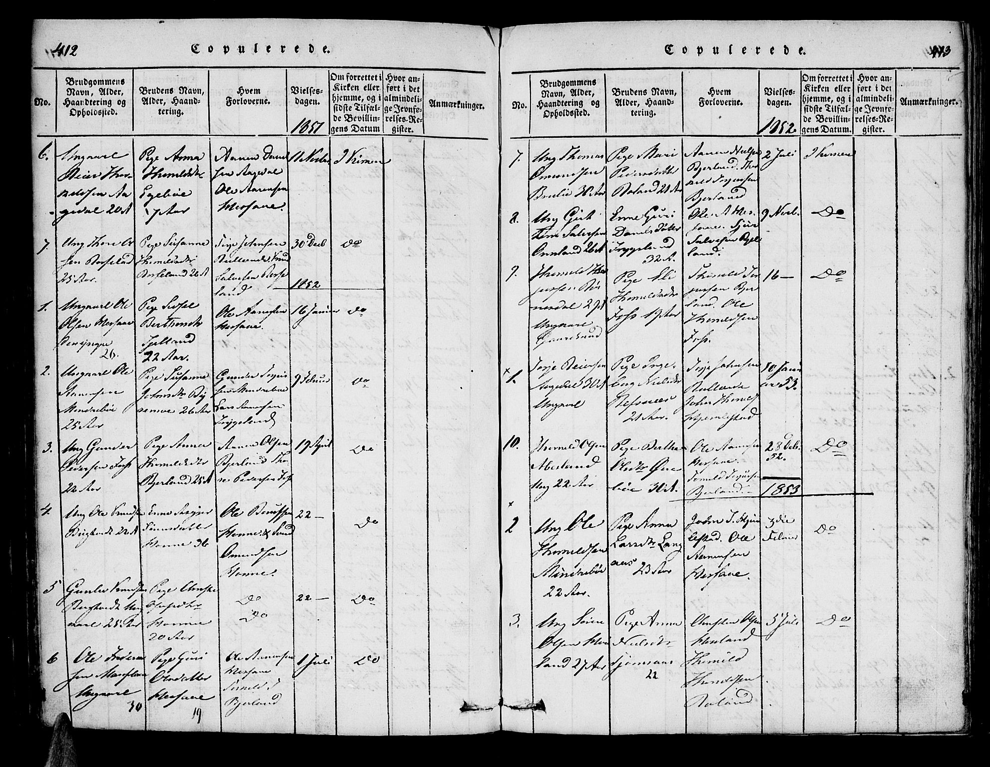 Bjelland sokneprestkontor, SAK/1111-0005/F/Fa/Faa/L0002: Parish register (official) no. A 2, 1816-1866, p. 412-413