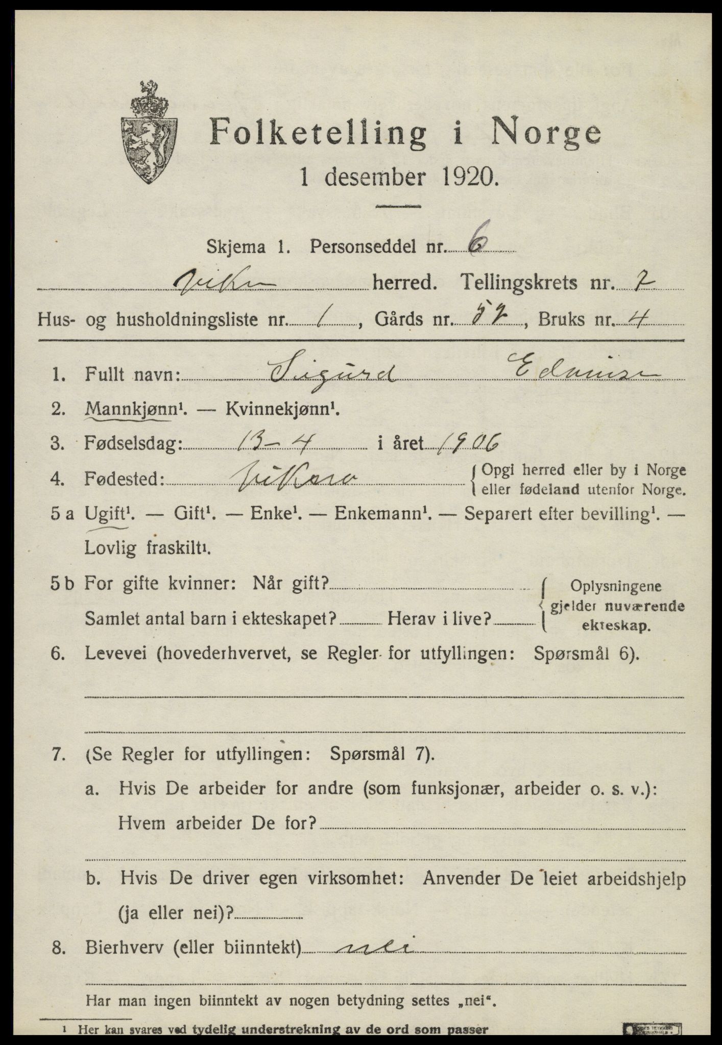 SAT, 1920 census for Vikna, 1920, p. 5485