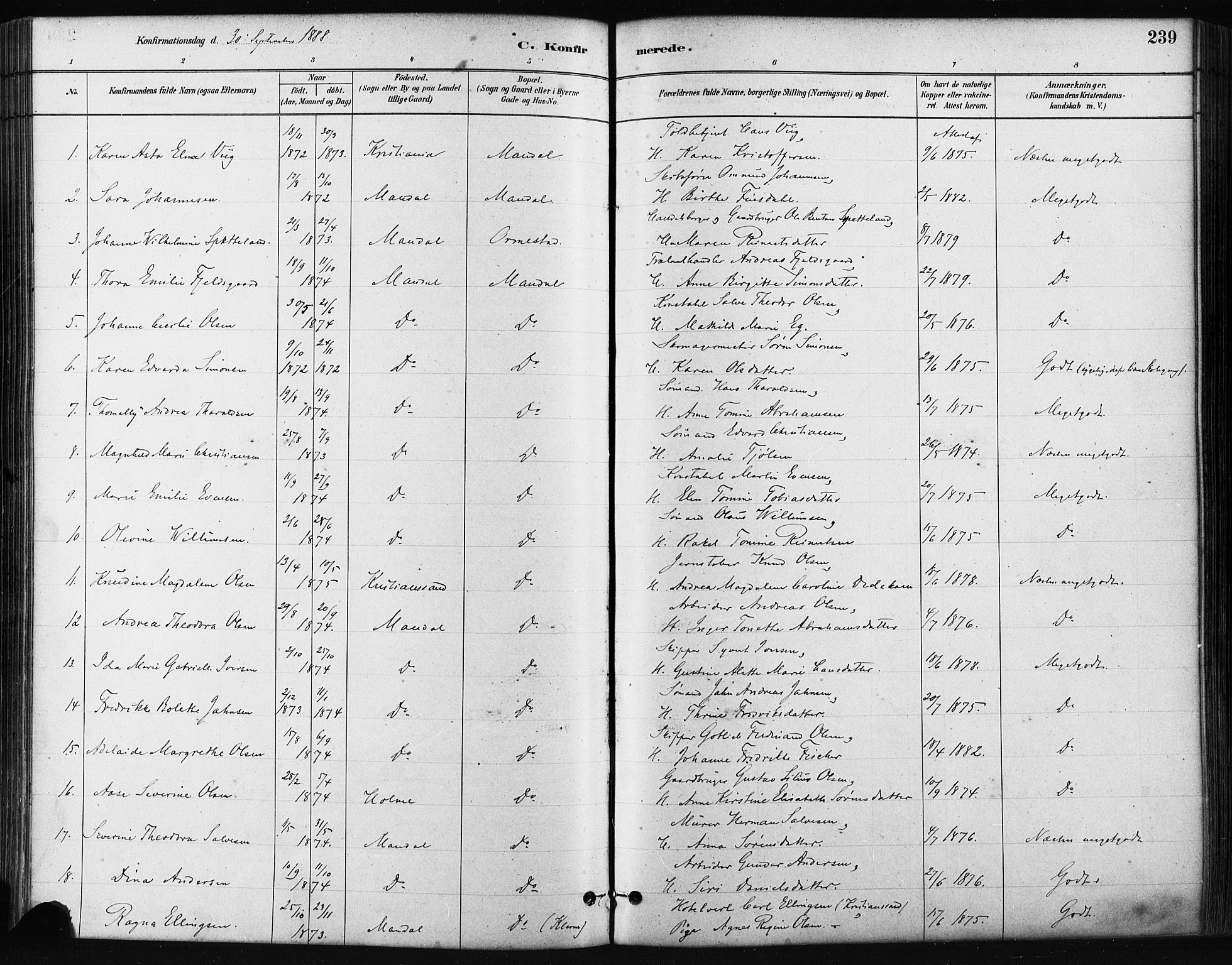 Mandal sokneprestkontor, SAK/1111-0030/F/Fa/Faa/L0016: Parish register (official) no. A 16, 1880-1890, p. 239