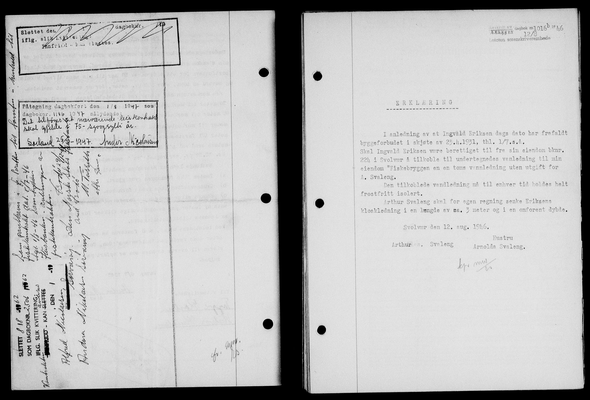 Lofoten sorenskriveri, SAT/A-0017/1/2/2C/L0014a: Mortgage book no. 14a, 1946-1946, Diary no: : 1016/1946