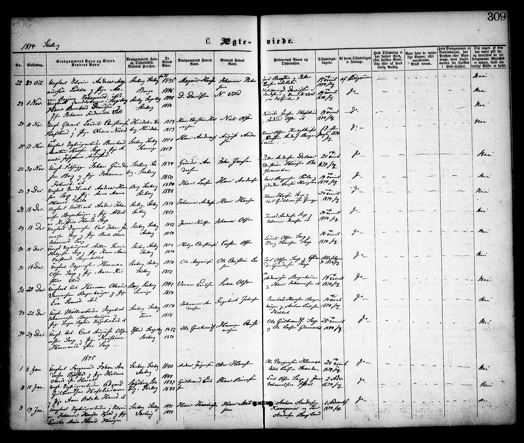 Skjeberg prestekontor Kirkebøker, SAO/A-10923/F/Fa/L0008: Parish register (official) no. I 8, 1869-1885, p. 309