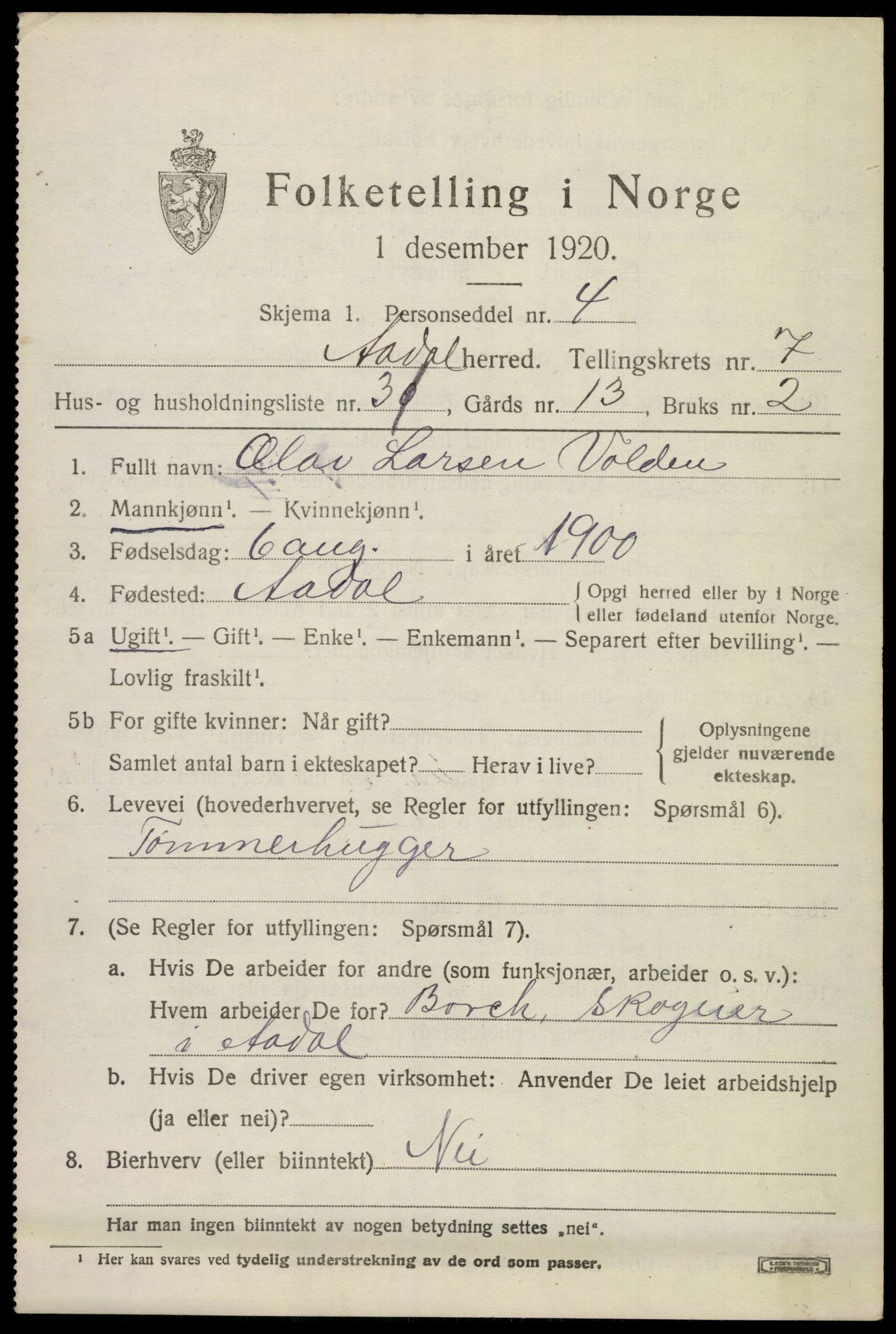 SAKO, 1920 census for Ådal, 1920, p. 5326