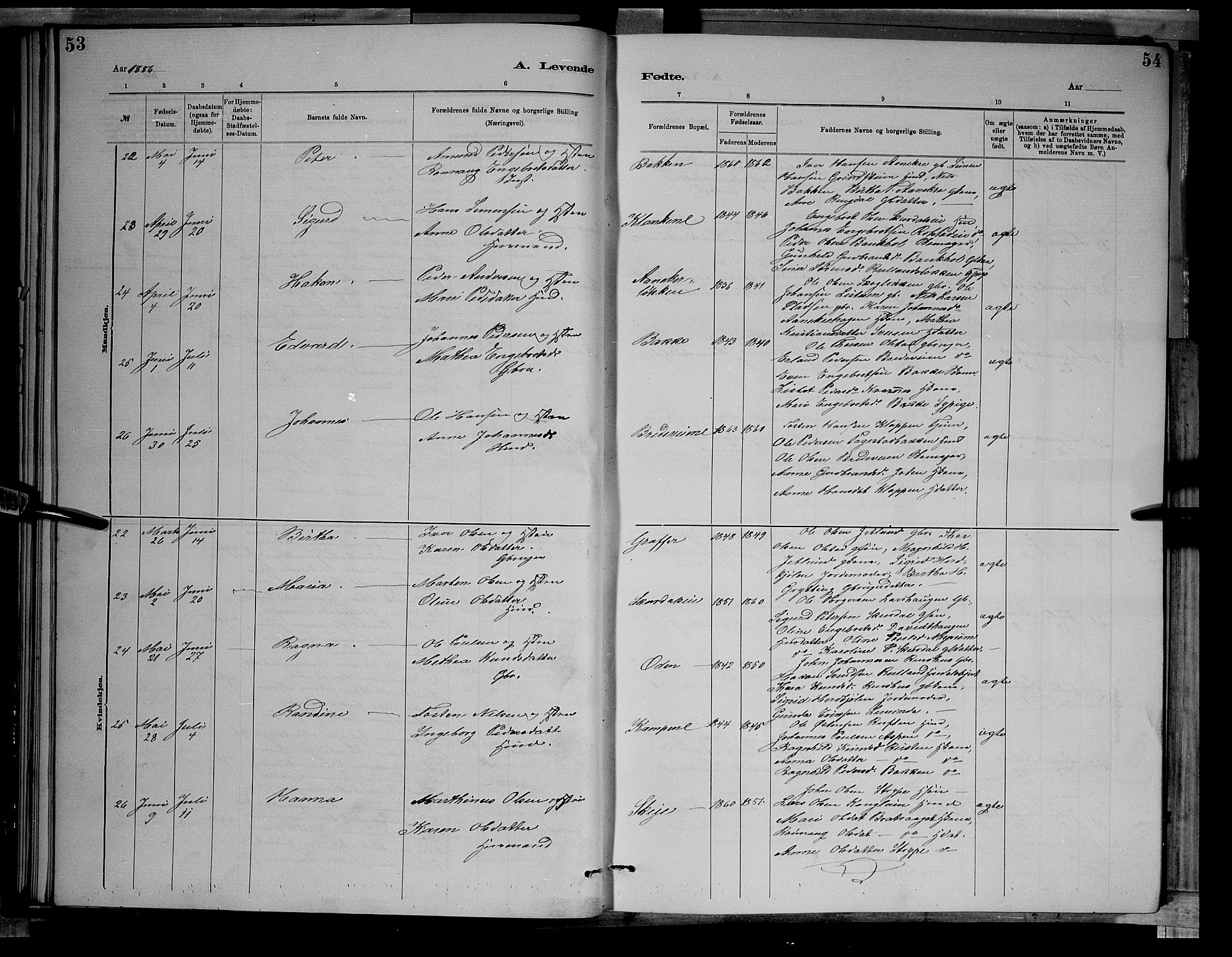 Sør-Fron prestekontor, AV/SAH-PREST-010/H/Ha/Hab/L0003: Parish register (copy) no. 3, 1884-1896, p. 53-54