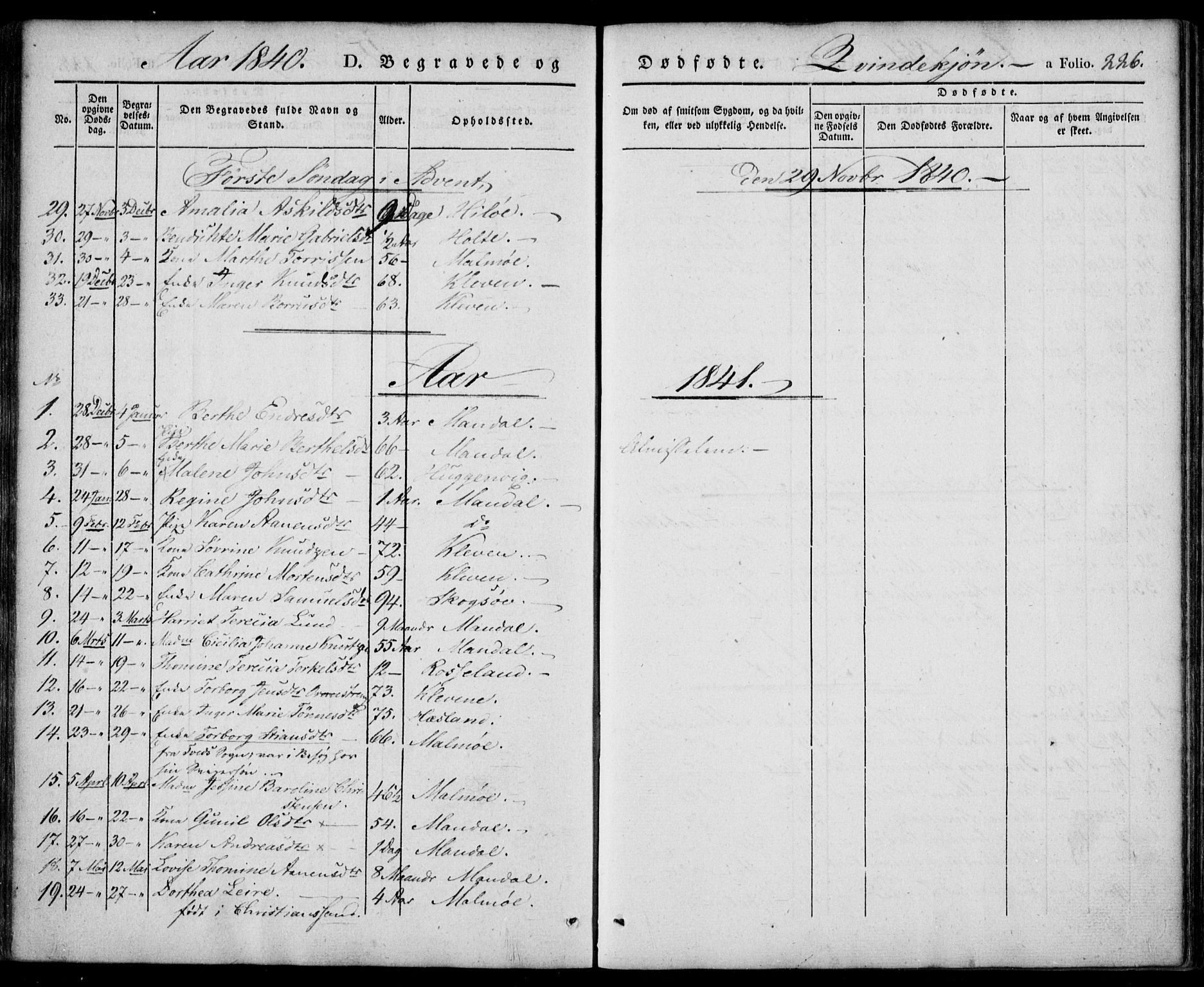 Mandal sokneprestkontor, SAK/1111-0030/F/Fa/Faa/L0012: Parish register (official) no. A 12, 1840-1847, p. 226