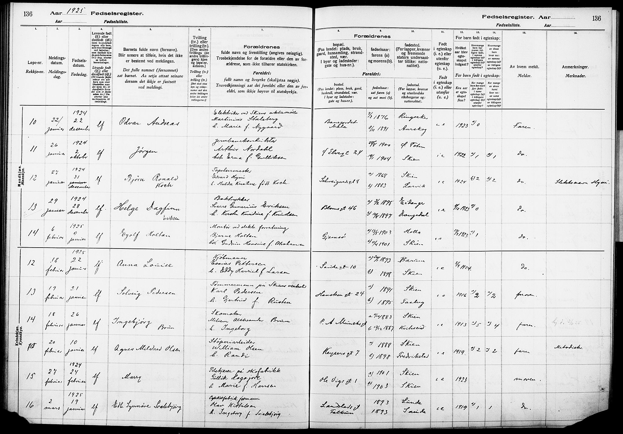 Skien kirkebøker, AV/SAKO-A-302/J/Ja/L0002: Birth register no. 2, 1921-1927, p. 136