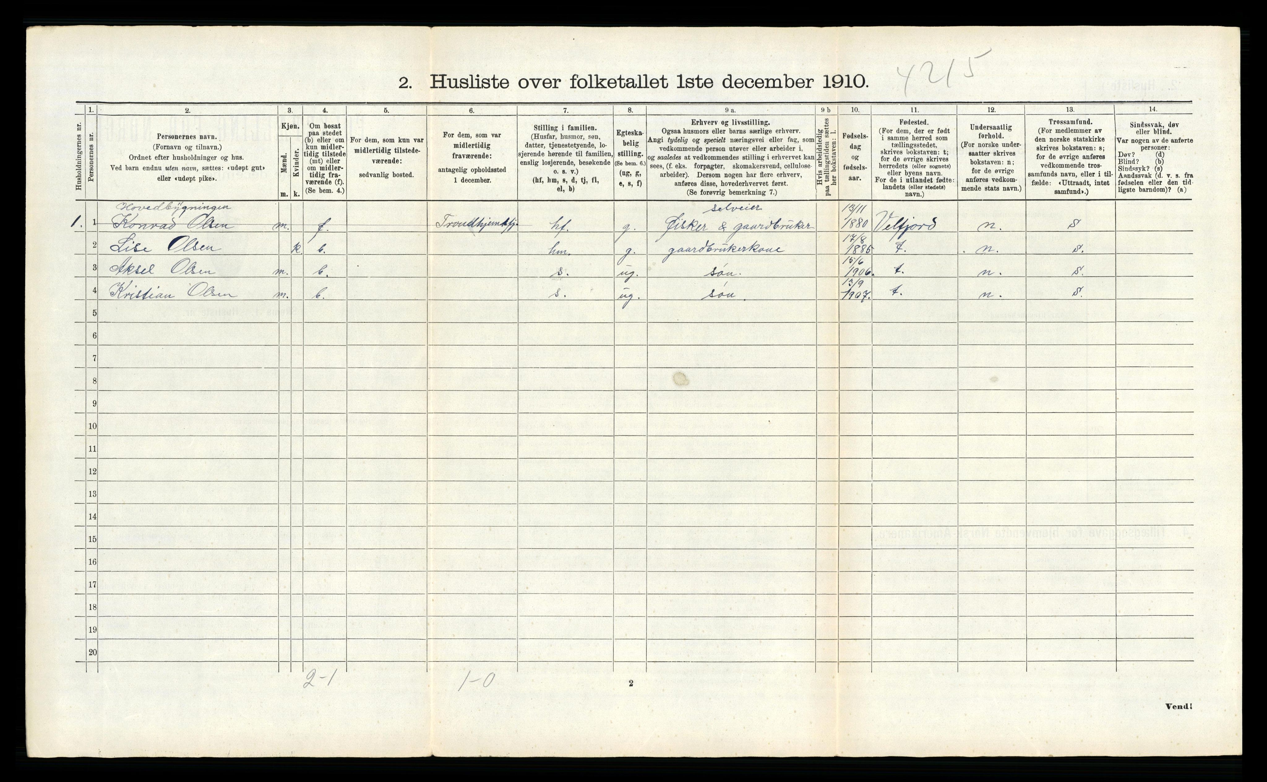 RA, 1910 census for Vega, 1910, p. 285