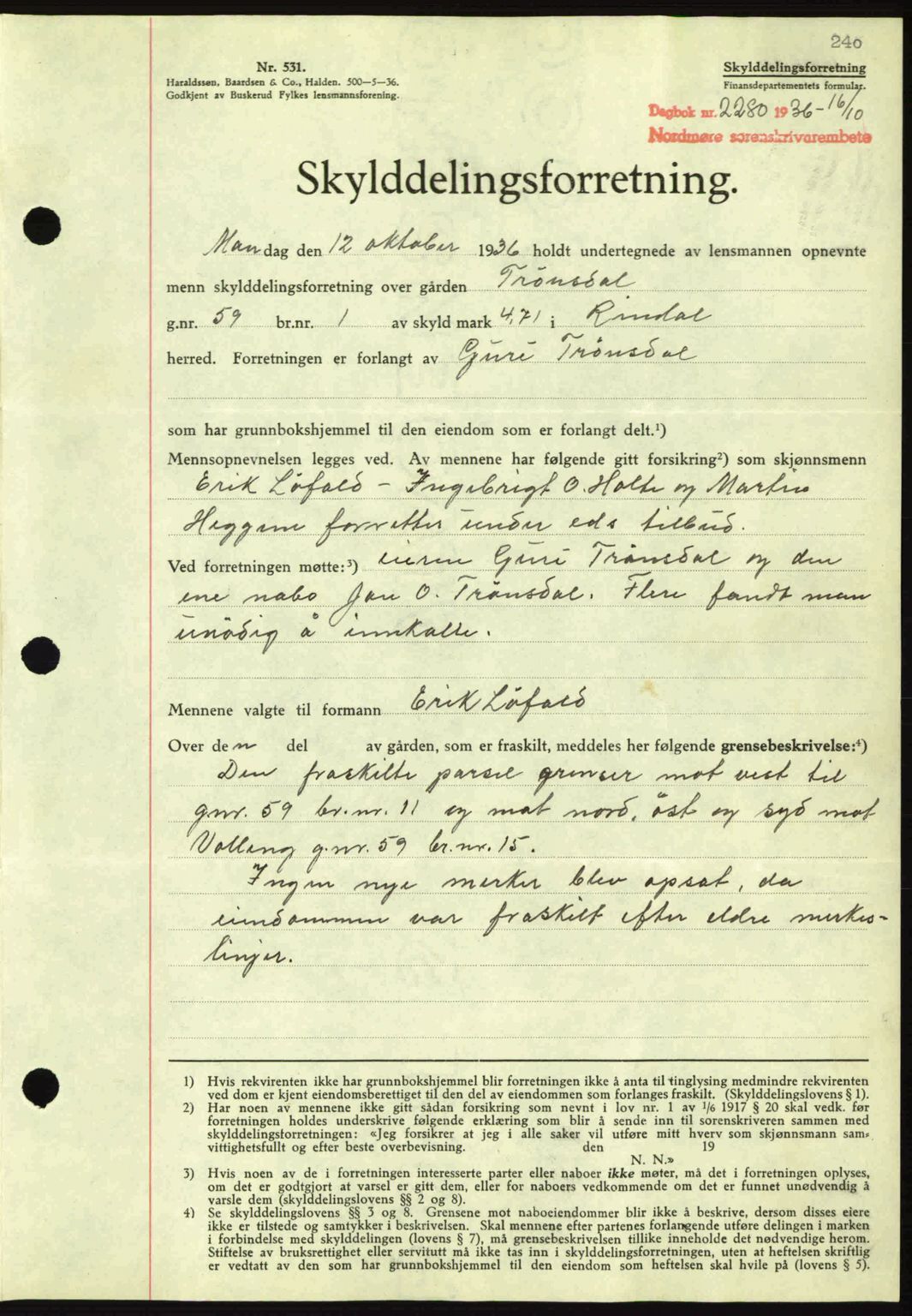 Nordmøre sorenskriveri, AV/SAT-A-4132/1/2/2Ca: Mortgage book no. A80, 1936-1937, Diary no: : 2280/1936