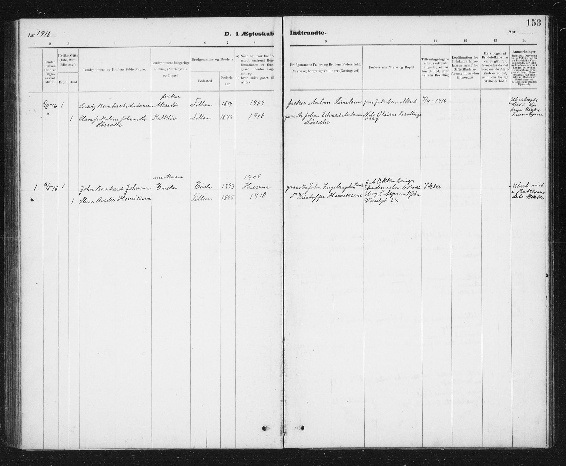 Ministerialprotokoller, klokkerbøker og fødselsregistre - Sør-Trøndelag, SAT/A-1456/637/L0563: Parish register (copy) no. 637C04, 1899-1940, p. 153
