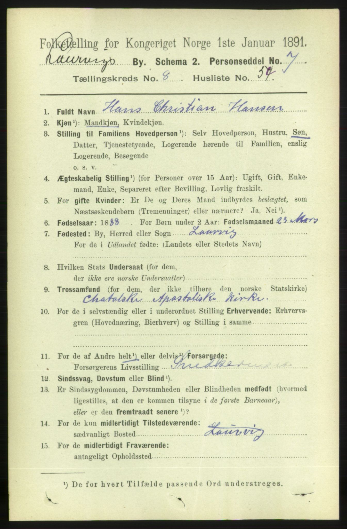 RA, 1891 census for 0707 Larvik, 1891, p. 8475