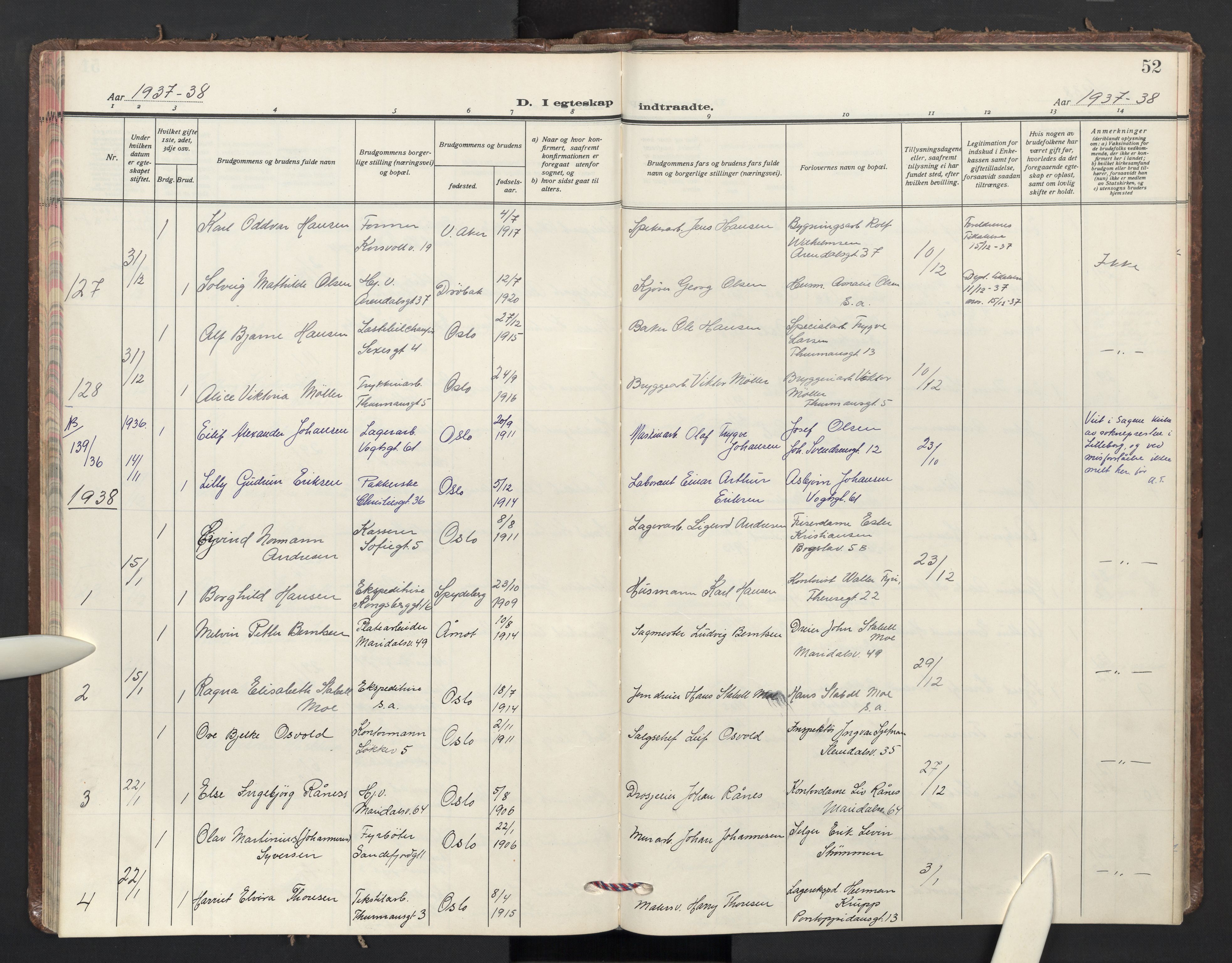 Sagene prestekontor Kirkebøker, AV/SAO-A-10796/F/L0018: Parish register (official) no. 18, 1935-1940, p. 52