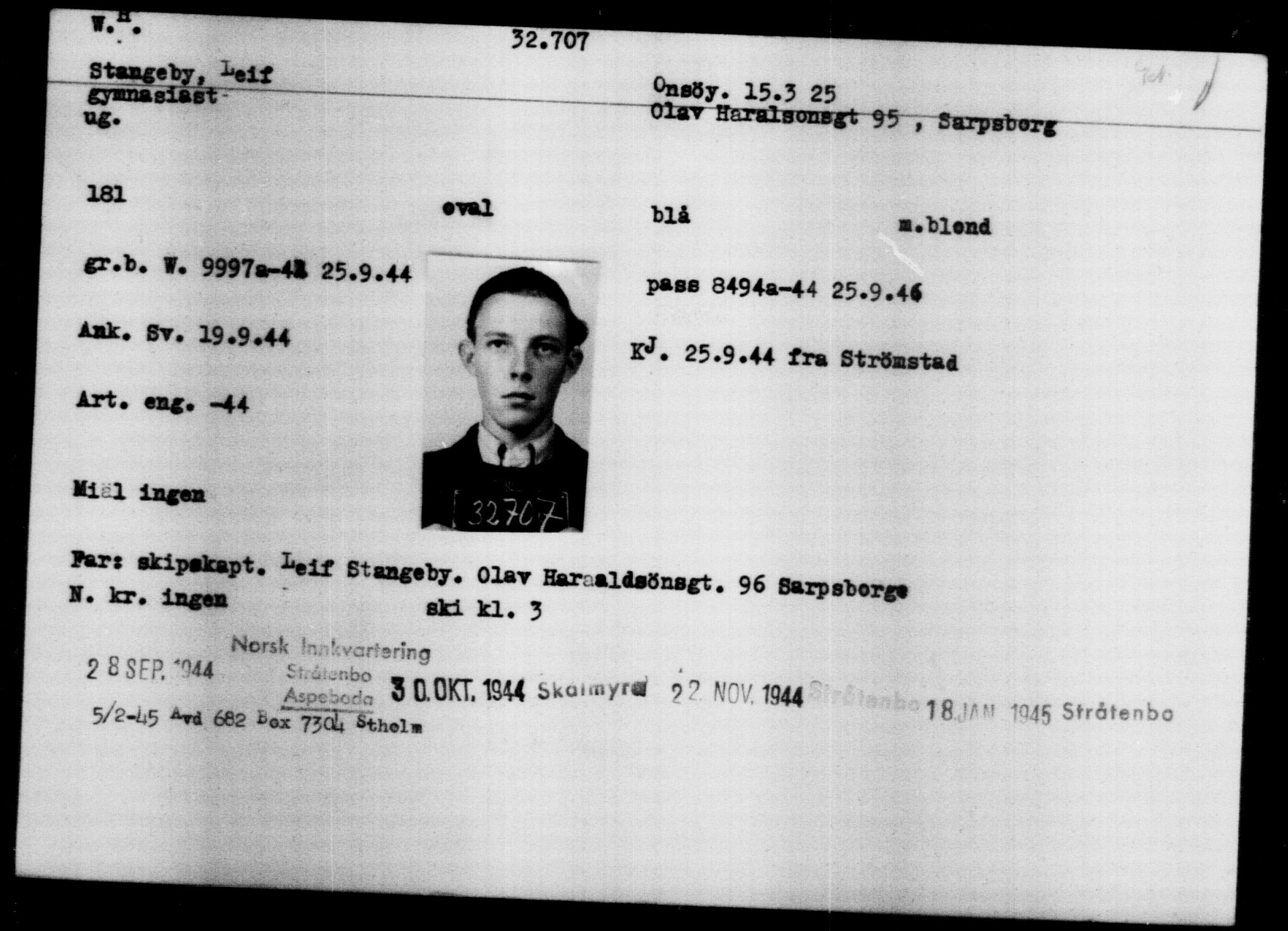 Utenriksstasjonene, Legasjonen i Stockholm, Flyktningkontoret, AV/RA-S-6753/V/Va/L0013: Kjesäterkartoteket, flyktninger med registreringsnr. 31500-34731, 1940-1945, p. 1269