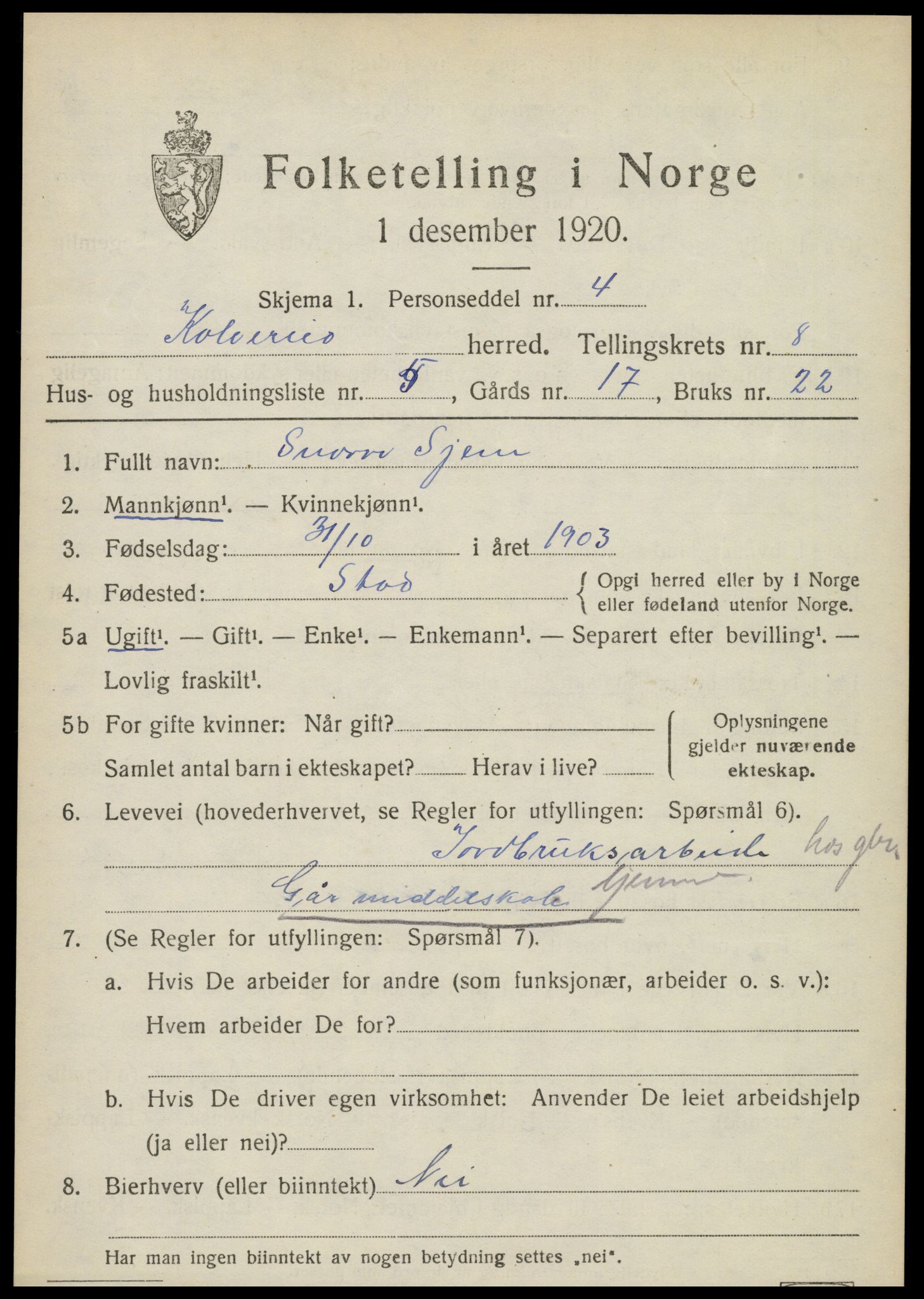 SAT, 1920 census for Kolvereid, 1920, p. 5137