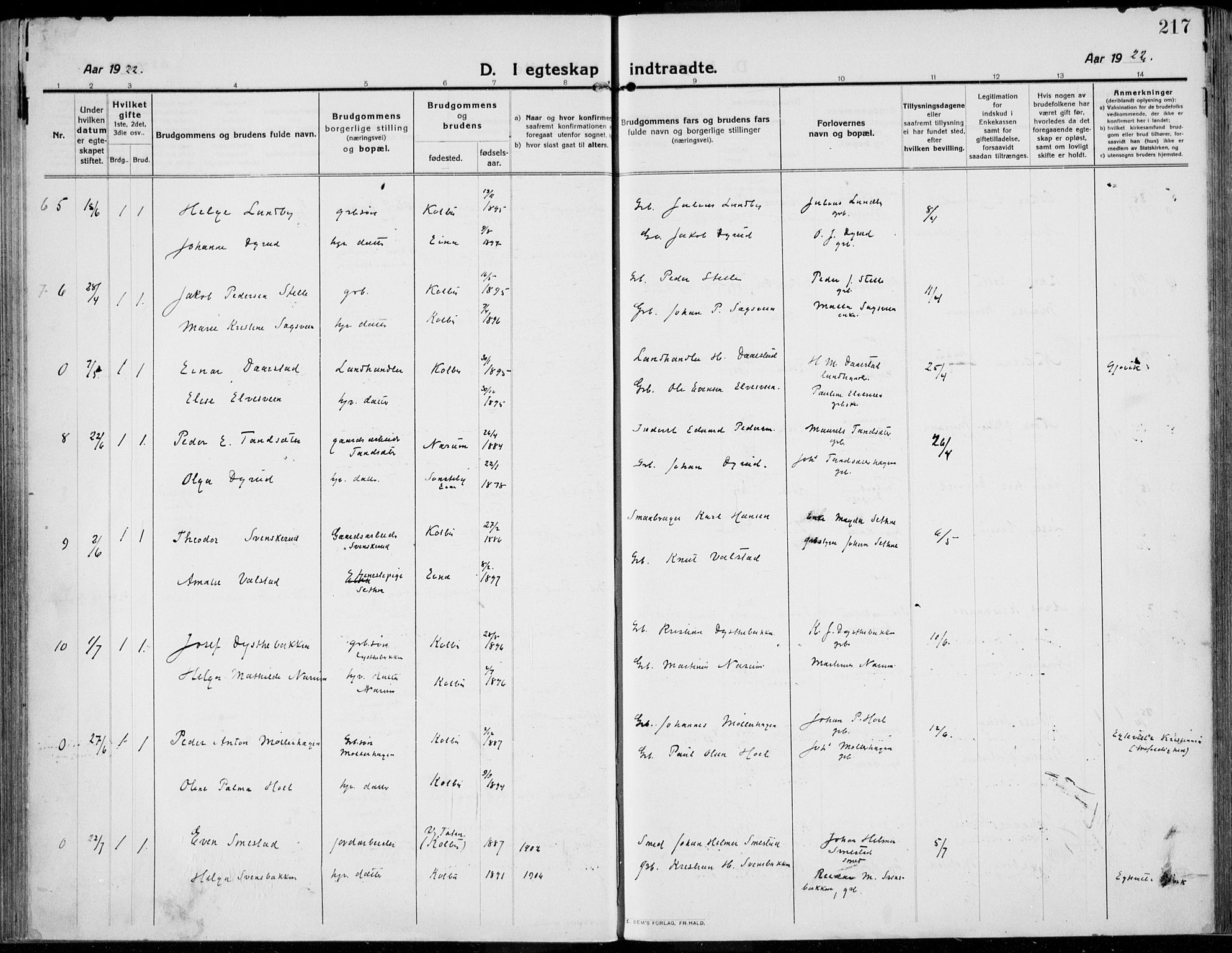 Kolbu prestekontor, SAH/PREST-110/H/Ha/Haa/L0002: Parish register (official) no. 2, 1912-1926, p. 217