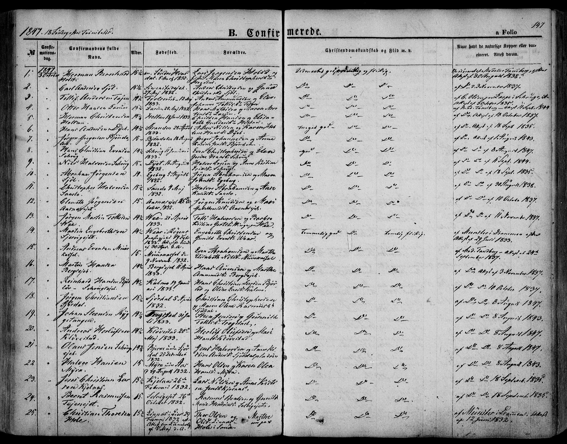 Sande Kirkebøker, AV/SAKO-A-53/F/Fa/L0004: Parish register (official) no. 4, 1847-1864, p. 147