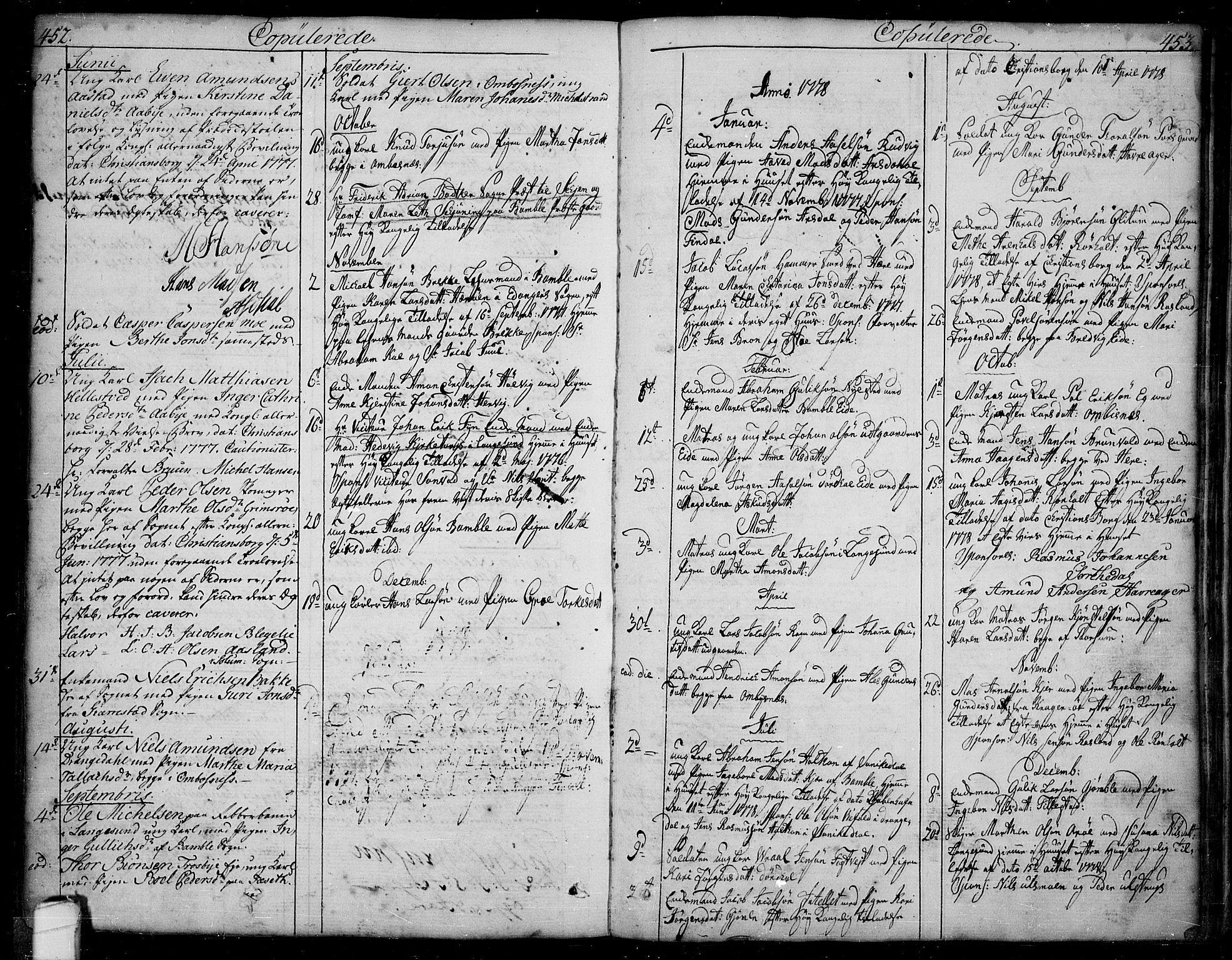 Bamble kirkebøker, AV/SAKO-A-253/F/Fa/L0002: Parish register (official) no. I 2, 1775-1814, p. 452-453